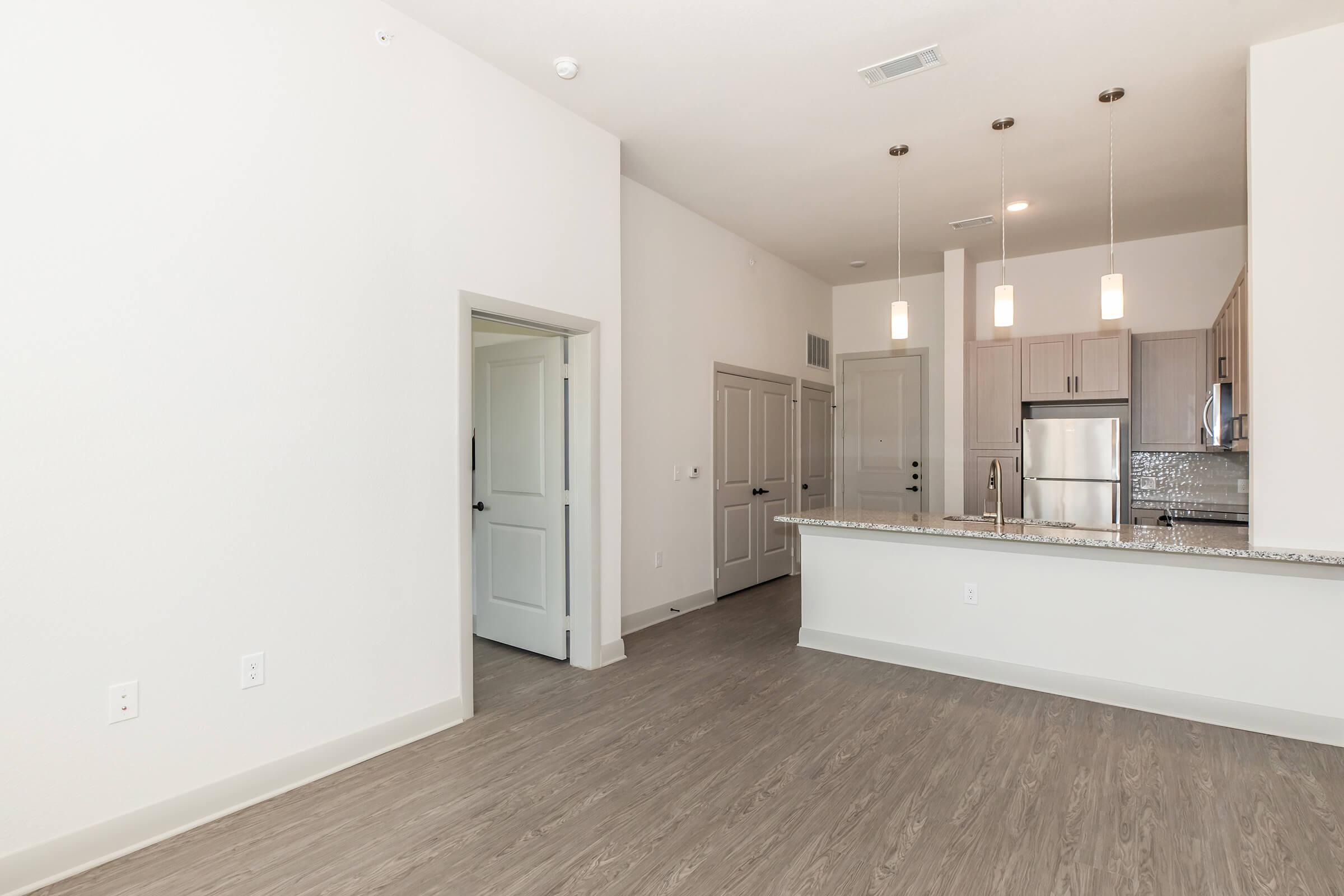 Spacious modern kitchen and living area with light wood flooring, granite countertops, and stainless steel appliances. Features pendant lighting over the kitchen island, an open layout, and a doorway leading to another room. Bright interior with neutral-colored walls and large windows.