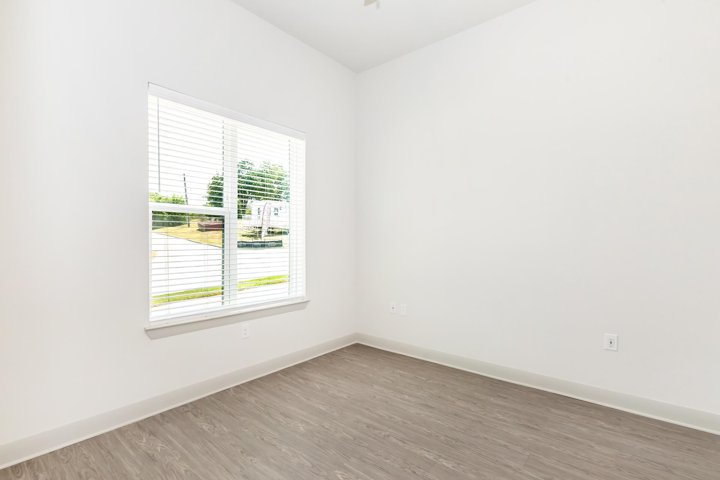 A bright, empty room with light gray walls and a large window featuring white blinds. The floor is a light wood laminate, and there are no furnishings or decorations. Outside the window, greenery is visible, suggesting a calm, natural setting.