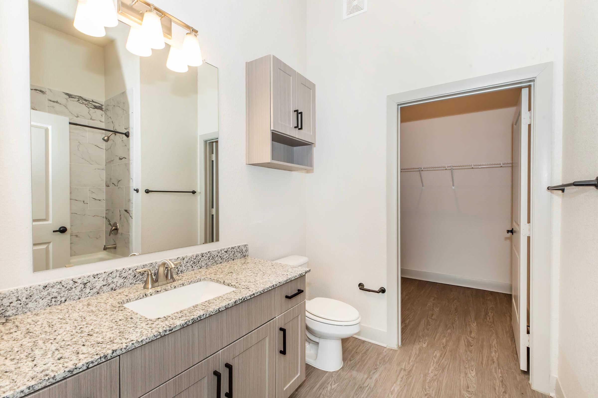 Modern bathroom featuring a stylish countertop with a sink, a large mirror, and contemporary lighting. A toilet is positioned nearby, and there is a closet space with a sliding door, offering additional storage. The flooring is light-colored, enhancing the bright and airy feel of the space.