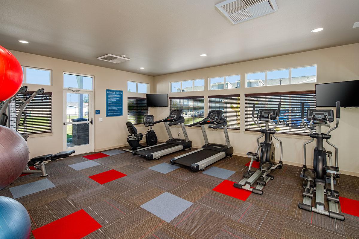A modern gym interior featuring two treadmills, an elliptical machine, and a bench, surrounded by exercise balls. Large windows allow natural light, while wall-mounted TVs provide entertainment. The floor has a colorful tile pattern in red, blue, and gray.