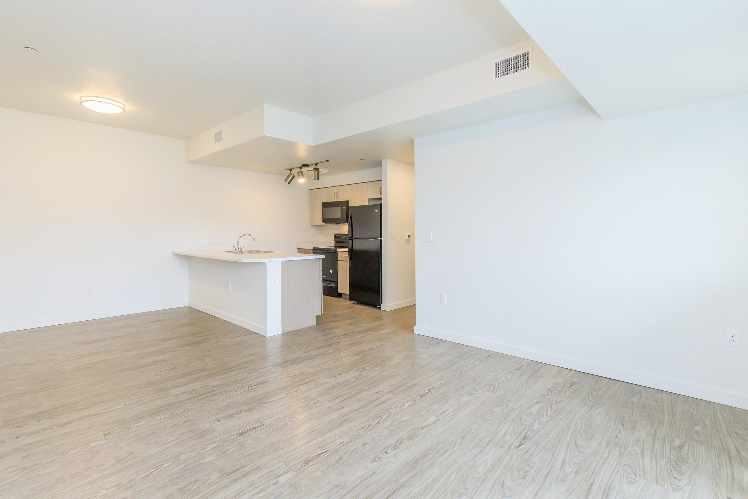 Bright and spacious apartment interior featuring light-colored walls and wooden floors. An open kitchen with modern appliances is visible in the background, while the living area is empty, highlighting its ample space and natural light.