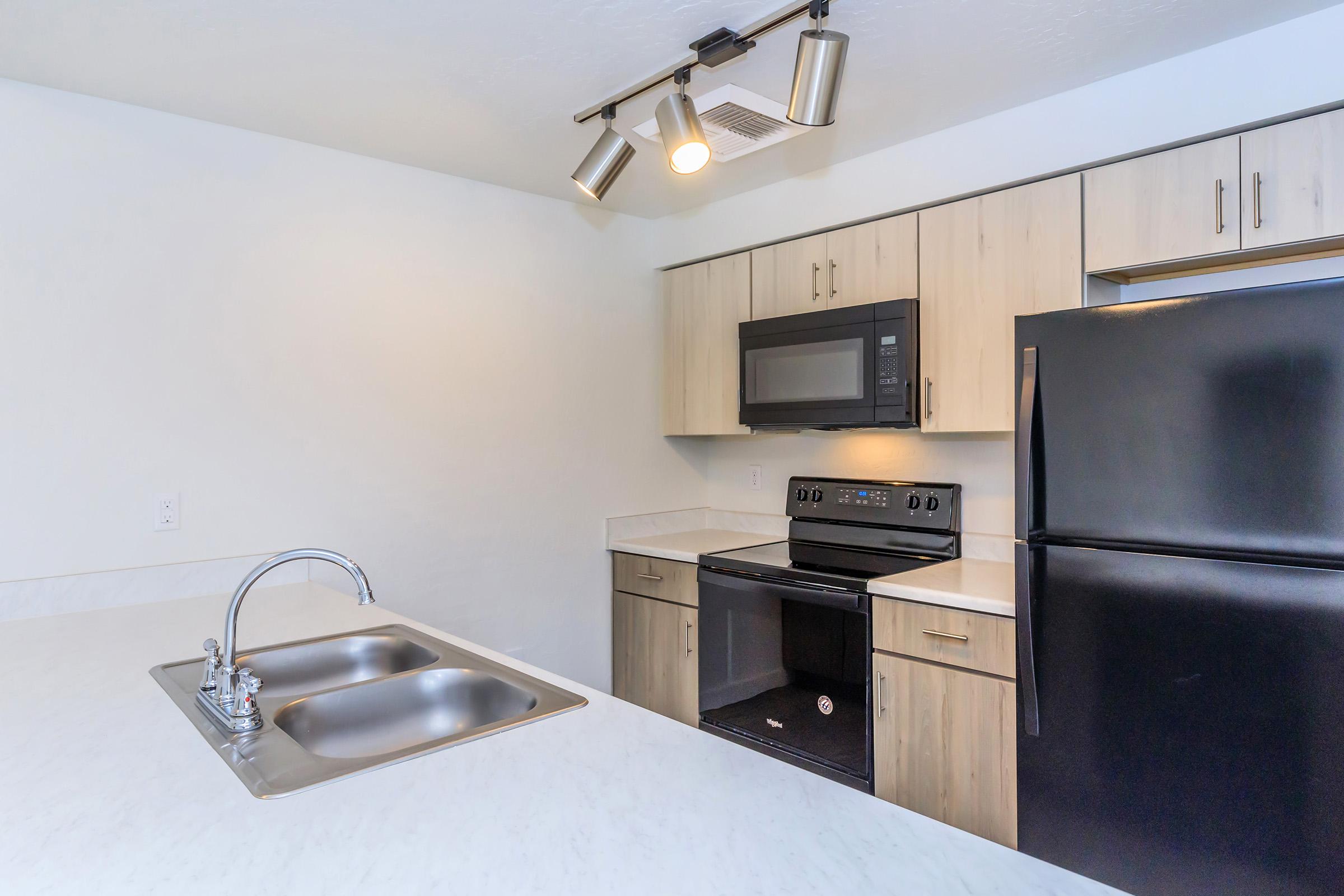 Modern kitchen featuring light-colored cabinetry, a double sink, a black stove, microwave, and refrigerator. The countertop is a light marble finish, and there are three ceiling lights illuminating the space. The walls are painted a soft white, creating a bright and clean atmosphere.
