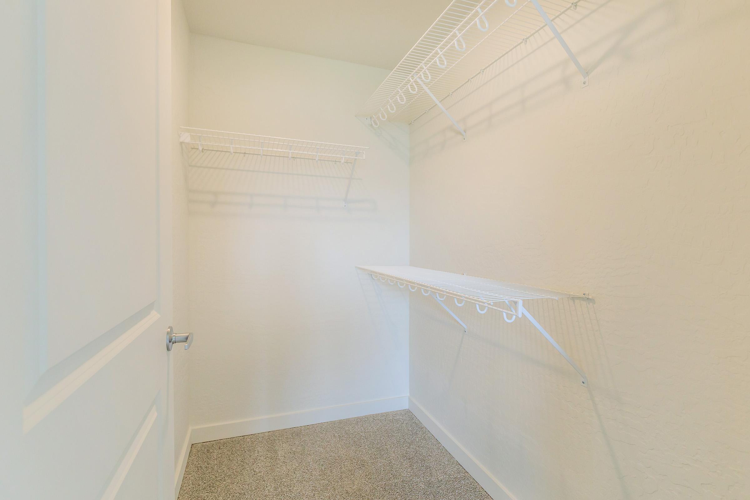 Empty closet with white wire shelves mounted on the walls. The walls are painted a light color, and the floor is covered with gray carpet. A door is visible on the left side, and the space has an open, spacious feel.