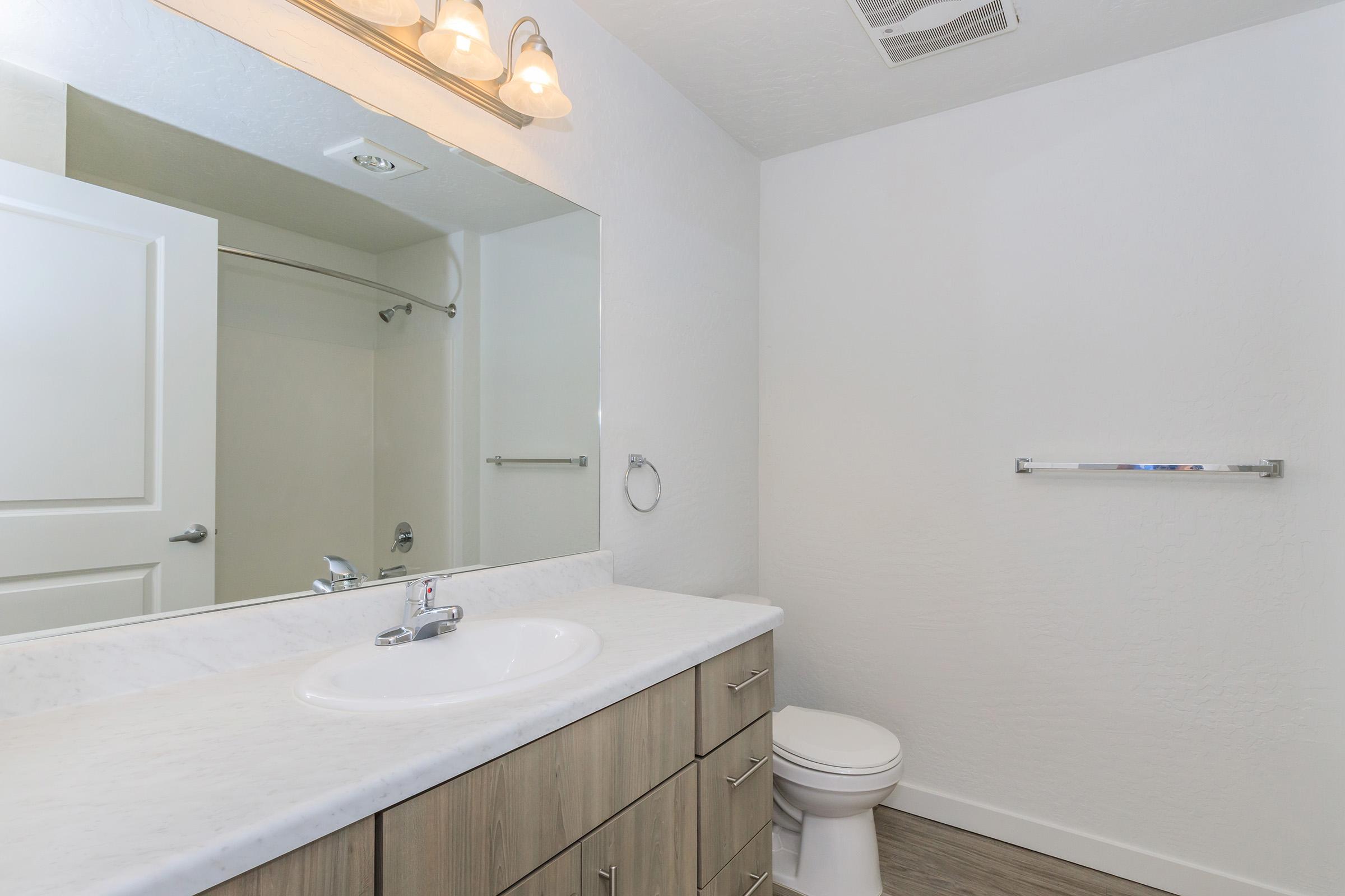 A clean, modern bathroom featuring a white marble countertop with a single sink, wooden cabinetry below, a large mirror above, and a toilet nearby. The walls are painted in neutral tones, and there is a frosted glass shower door visible in the background. A towel rack is mounted on the wall.
