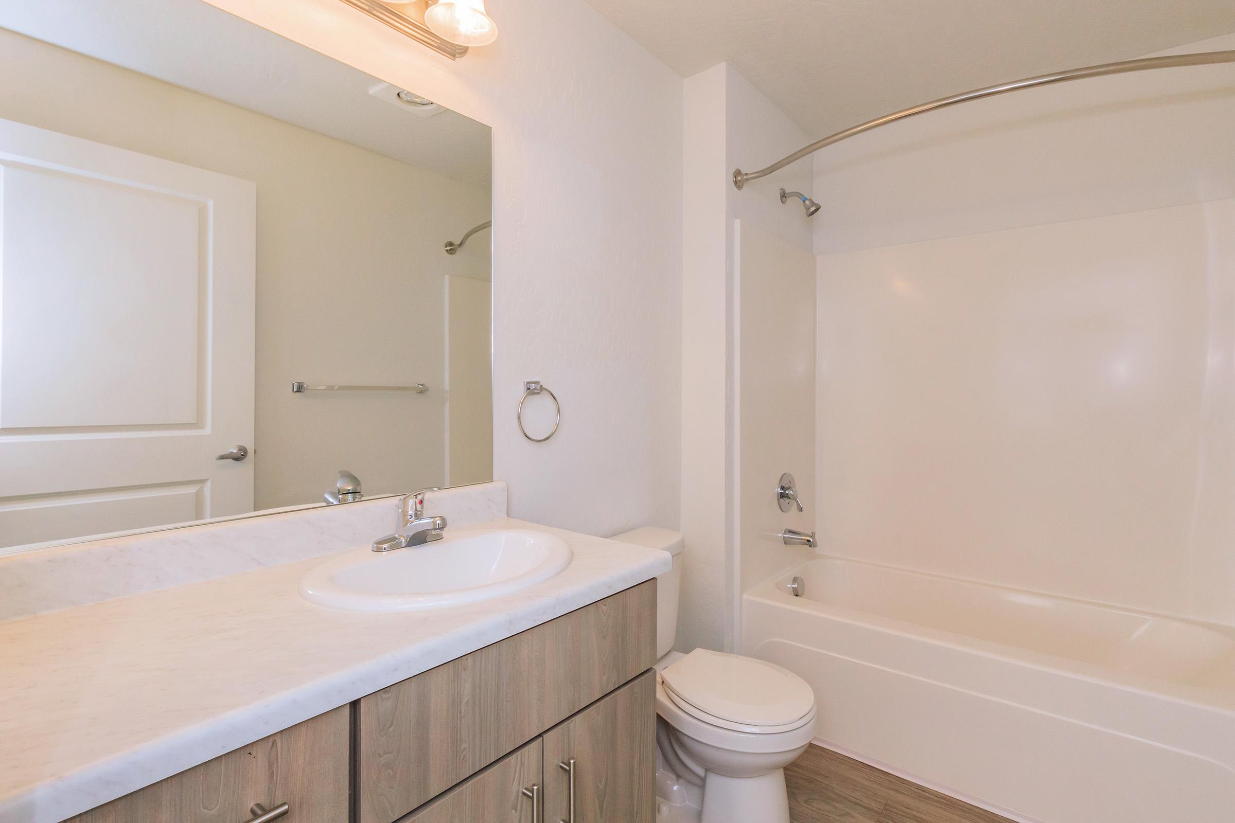 A clean and modern bathroom featuring a light-colored marble countertop with a sink, wood cabinetry, a bathtub with a shower curtain, and a toilet. The walls are painted in a soft color, and there's a mirror above the sink. Natural light is coming in from an adjacent doorway.