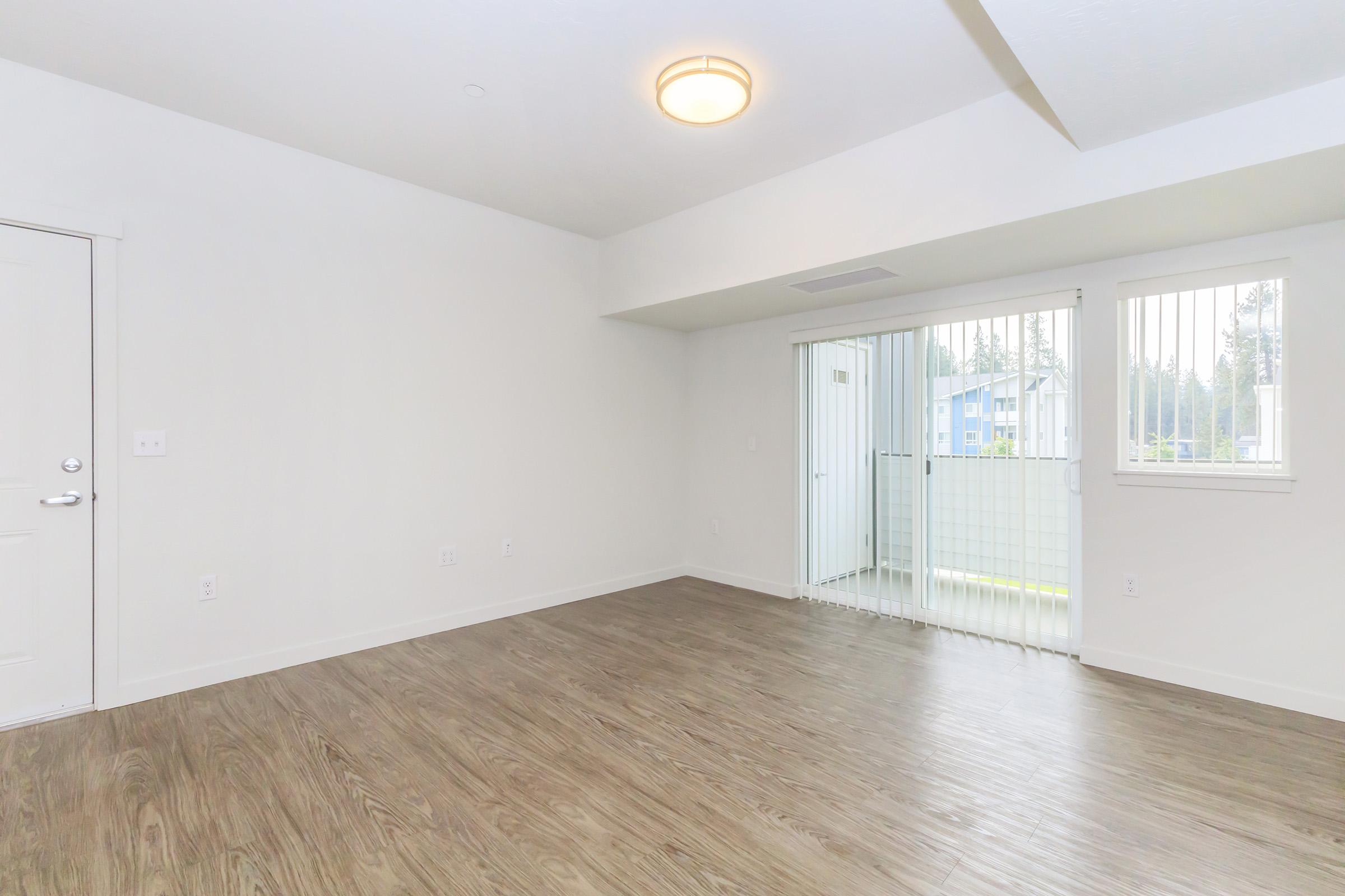 Empty room with light-colored walls and wood-style flooring. A large sliding glass door with vertical blinds provides access to a small outdoor area. The ceiling features a modern light fixture. The overall space is bright and unfurnished.