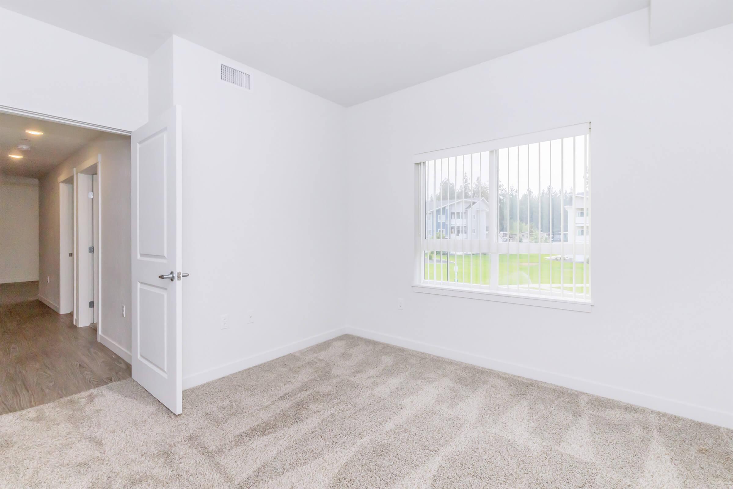 Empty room with light-colored walls and carpet flooring. A large window with vertical blinds lets in natural light, showcasing green lawn outside. The doorway on the left leads to a hallway, indicating additional rooms may be nearby. The space appears bright and modern.