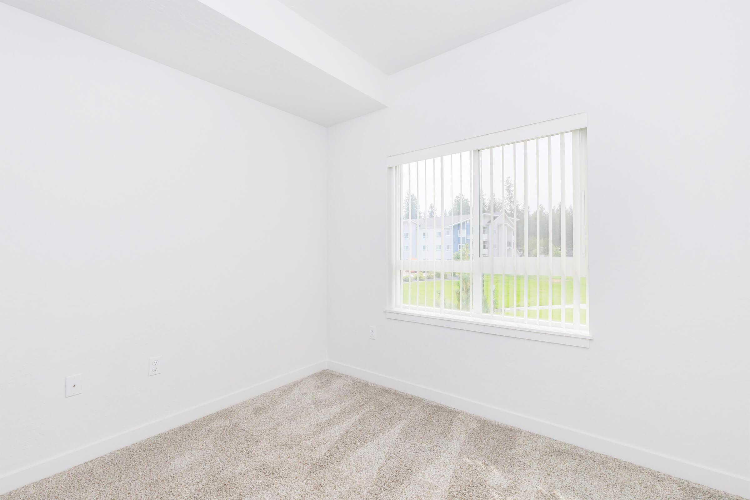 A bright, empty room with light gray walls and beige carpet. A large window with white vertical blinds lets in natural light, revealing an outdoor view of greenery and other buildings in the distance. The space is minimalist and inviting, perfect for personal decoration.