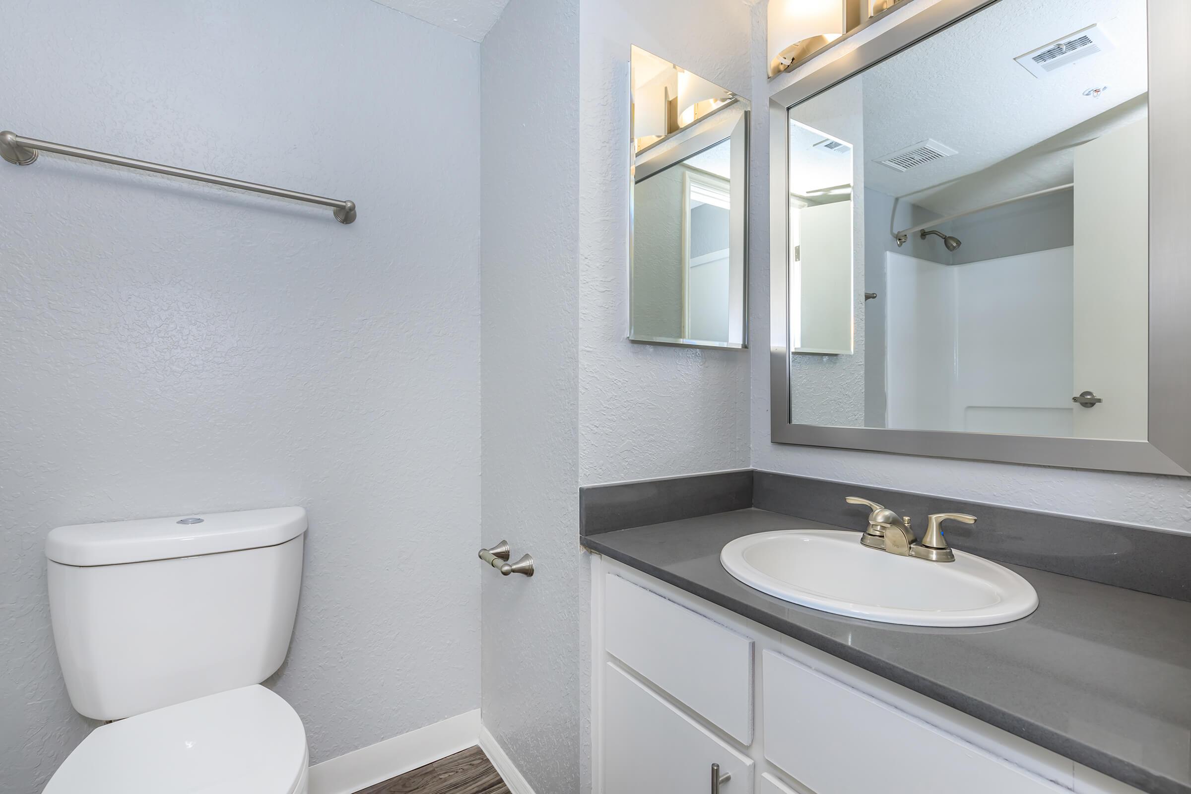 a white sink sitting under a mirror