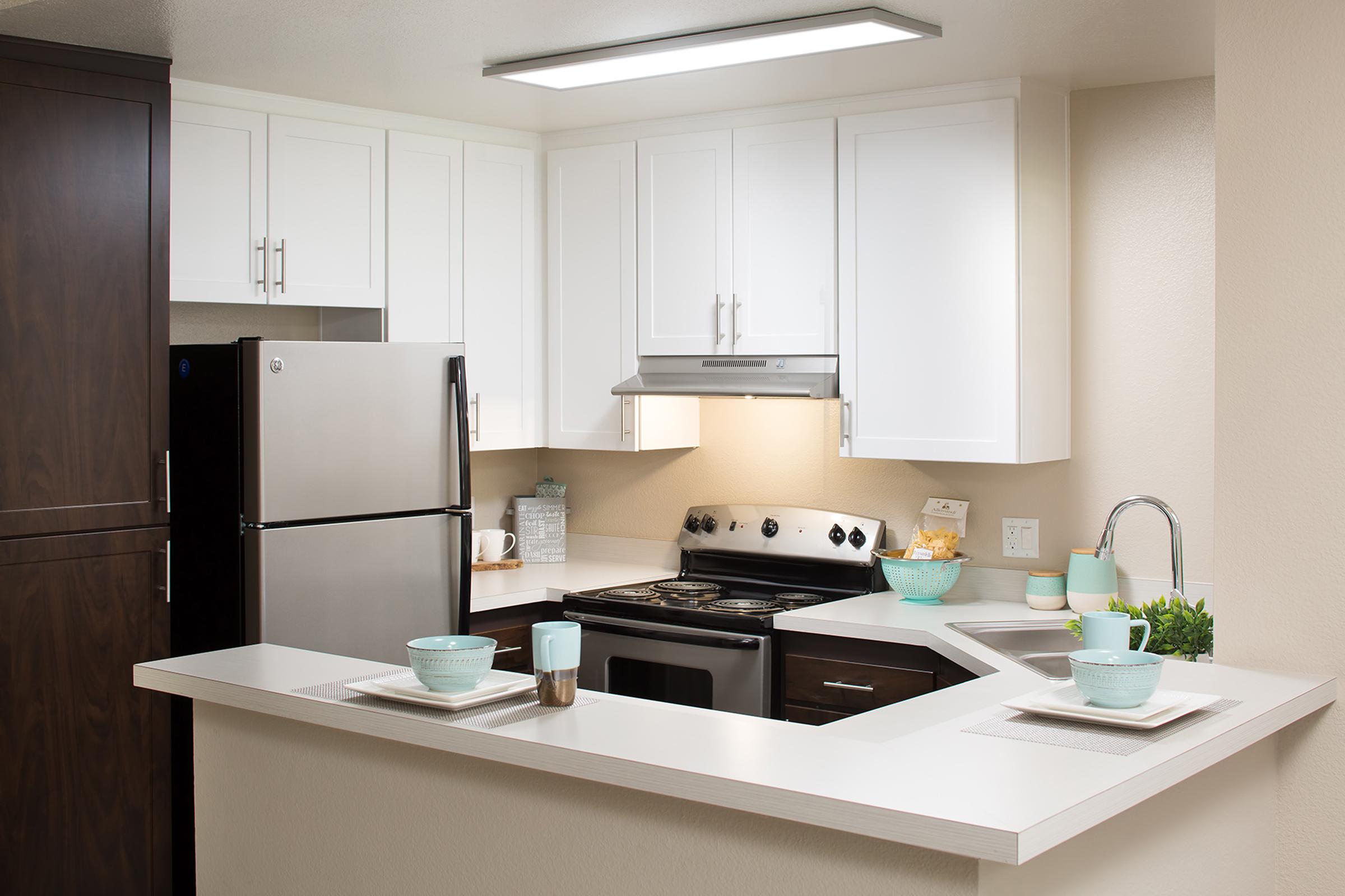 Modern kitchen featuring white cabinetry, a stainless steel refrigerator, and a black gas stove. The countertop has light-colored decor, including bowls and a plant. The space is well-lit with a ceiling light, creating a clean and inviting atmosphere.