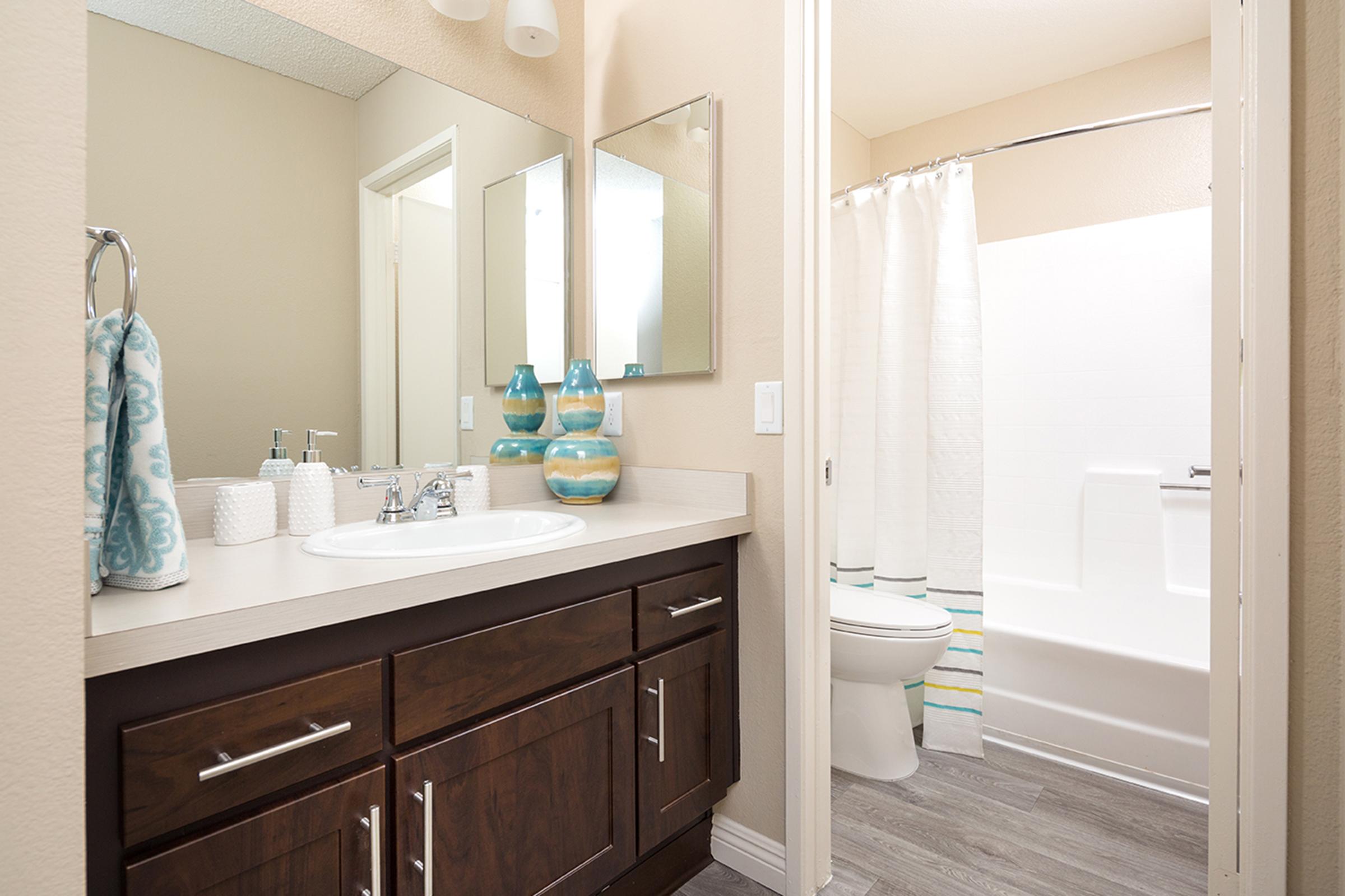 A modern bathroom featuring a wooden vanity with a sink, two mirrors, and decorative vases. A shower curtain separates the bathing area from the rest of the space, which includes a bathtub and toilet. The color scheme is light and neutral with touches of blue and green accents.