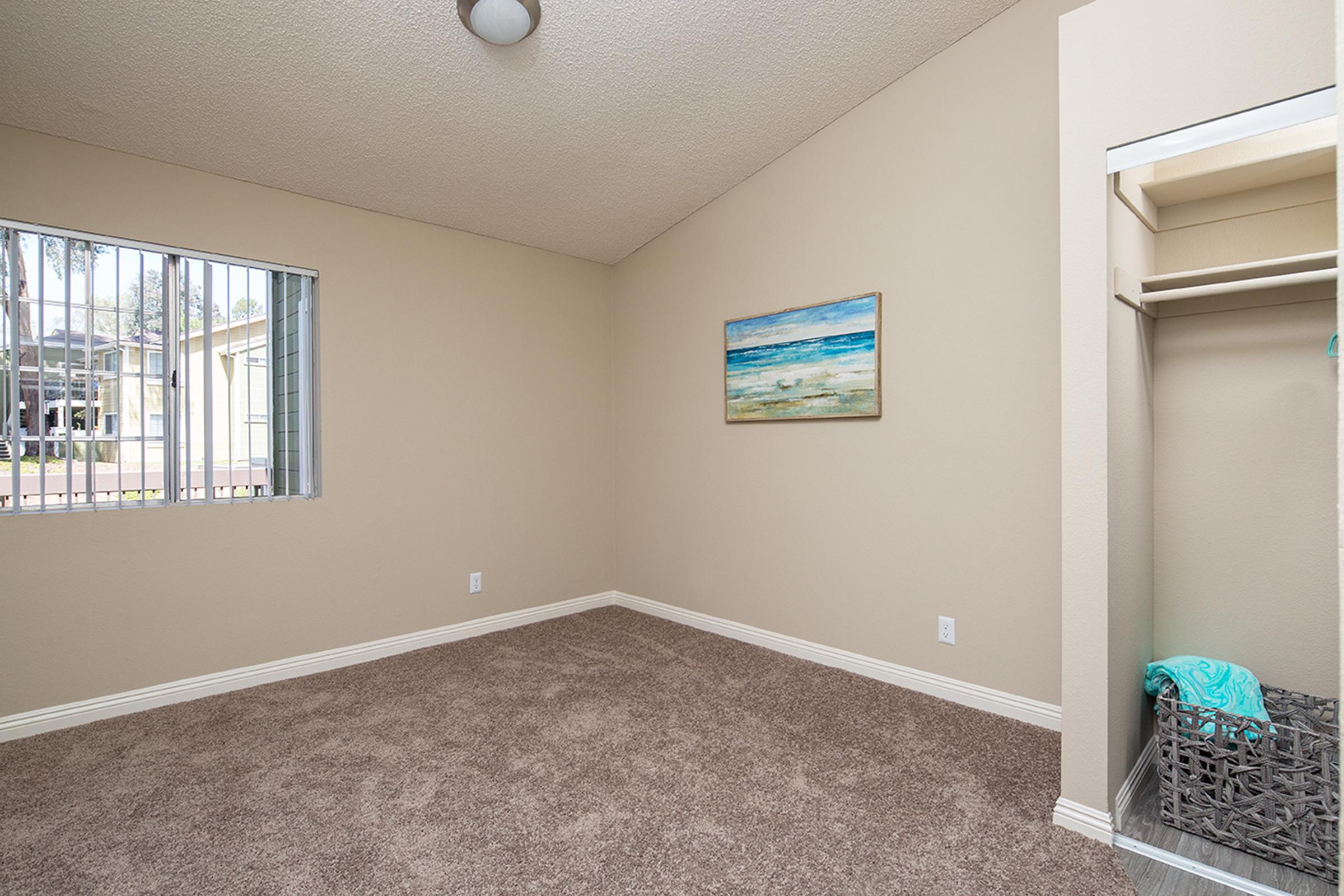 A small, empty room with light brown carpet and beige walls. A window with vertical blinds provides natural light, and there’s a closet on one side. A framed beach scene is hanging on the wall, adding a touch of color to the otherwise neutral decor.