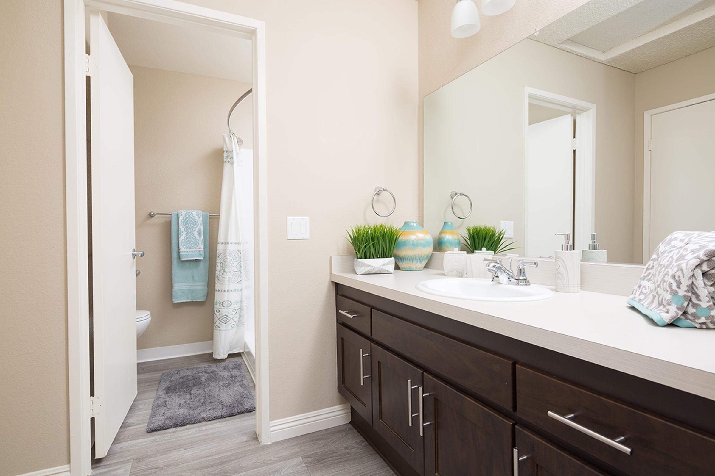 Modern bathroom interior featuring a dark wood vanity with a white countertop, a sink, and decorative items. A shower area is visible with a light blue and white shower curtain. Soft towels hang on the wall, and a small plant adds a pop of greenery. Neutral-colored walls create a calming atmosphere.