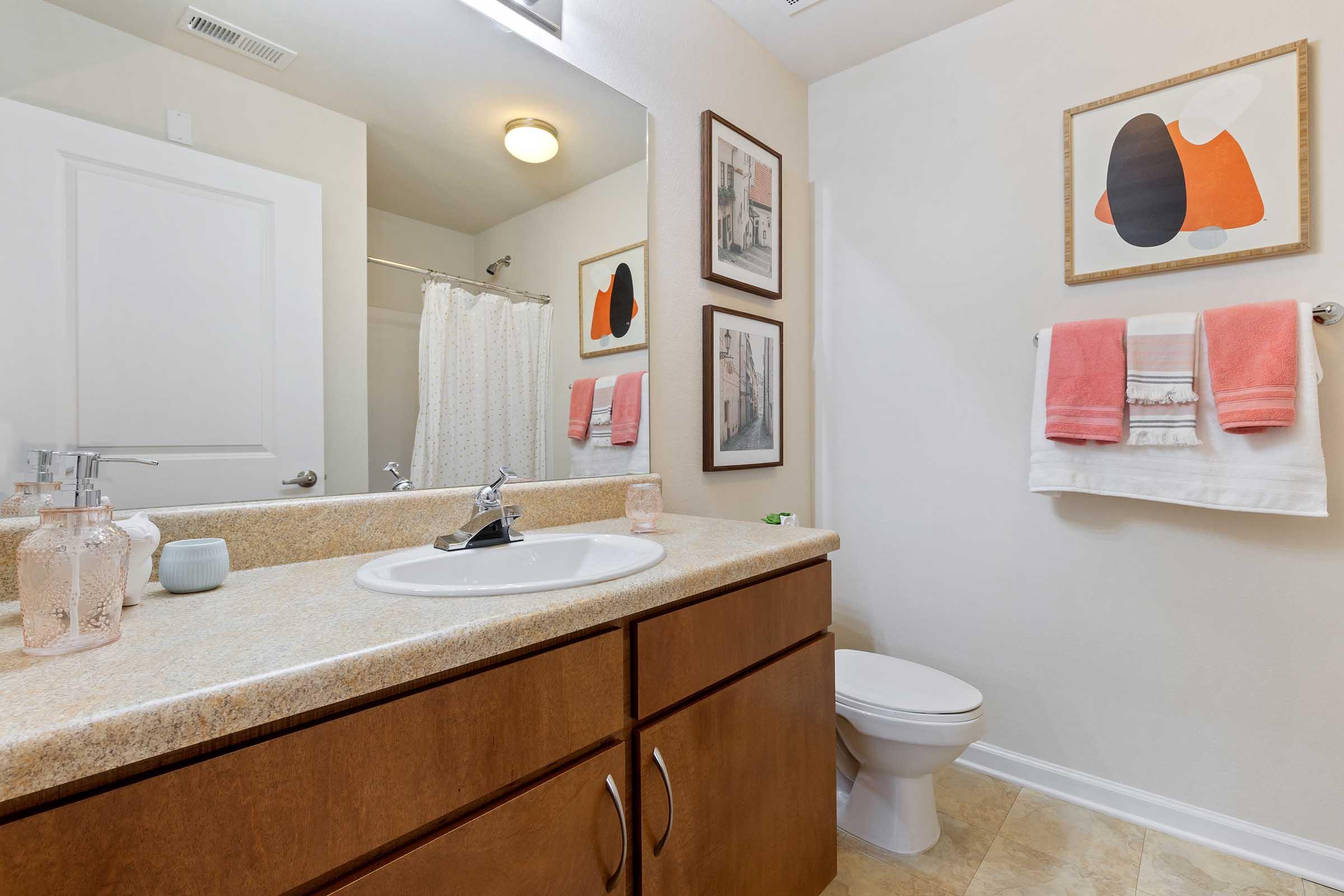A well-lit bathroom featuring a sink with a modern faucet, a wooden vanity with storage, framed artwork on the walls, pink towels hanging on a rack, and a white shower curtain. A clean toilet is visible, complementing the neutral-toned decor and countertop.