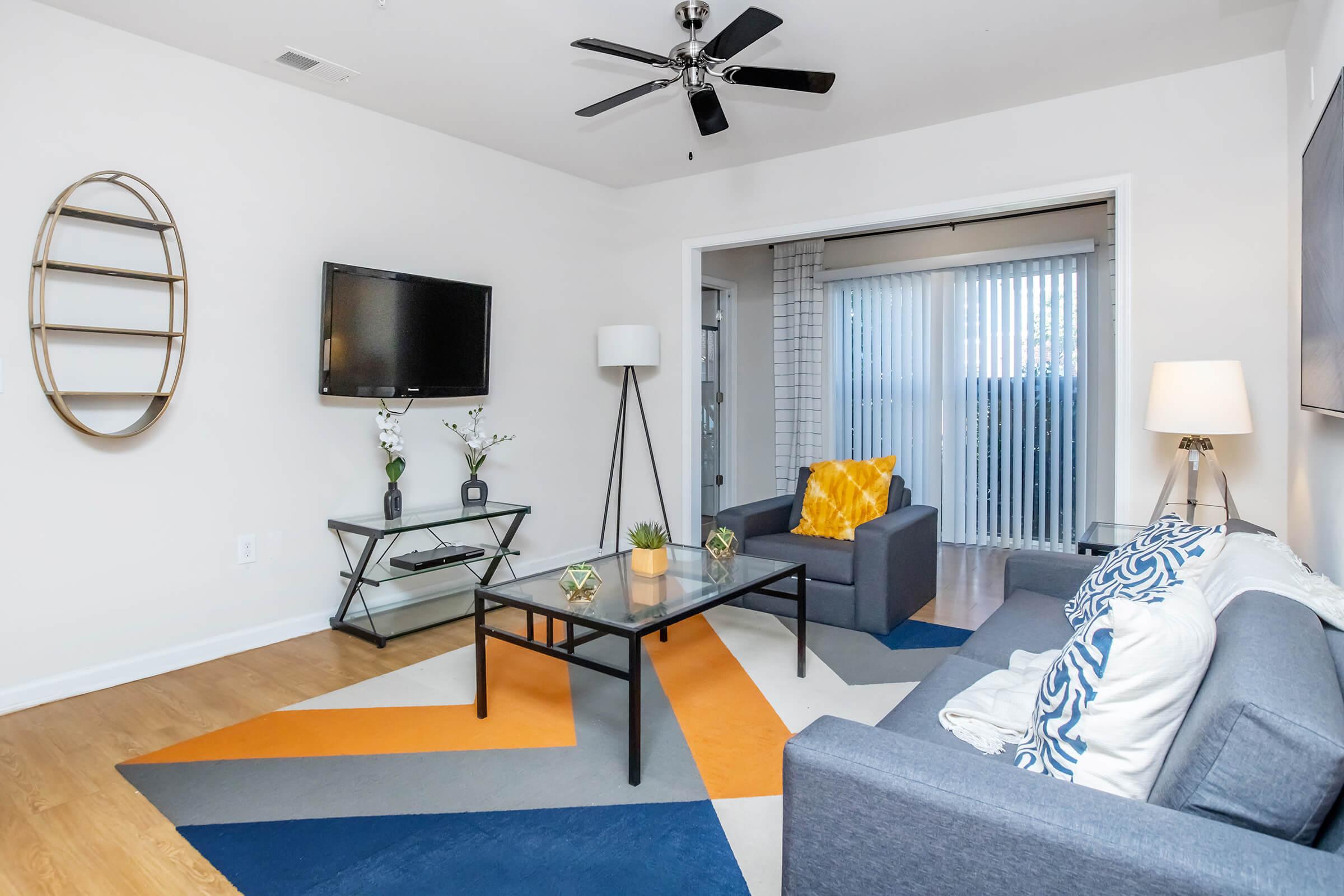 Modern living room featuring a stylish gray sofa with decorative pillows, a glass coffee table, a flat-screen TV mounted on the wall, and a round mirror. The space is highlighted by a geometric area rug in blue, orange, and white. Natural light streams in through vertical blinds.