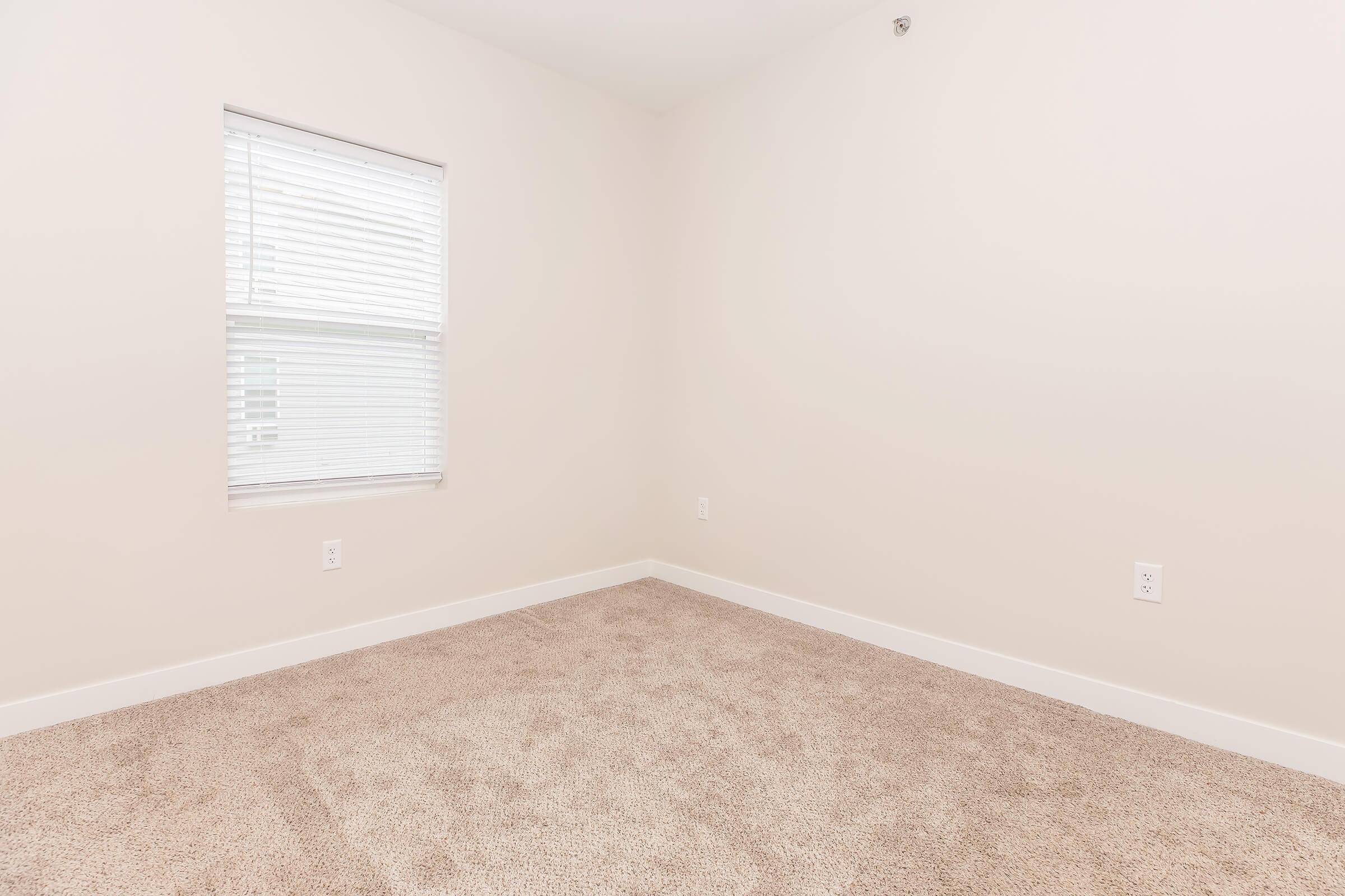 A spacious, empty room with light beige walls and carpet. There is a window with white blinds allowing natural light, but no furniture or decor is present, creating a minimalist and clean feel. The floor is carpeted, providing a cozy atmosphere.