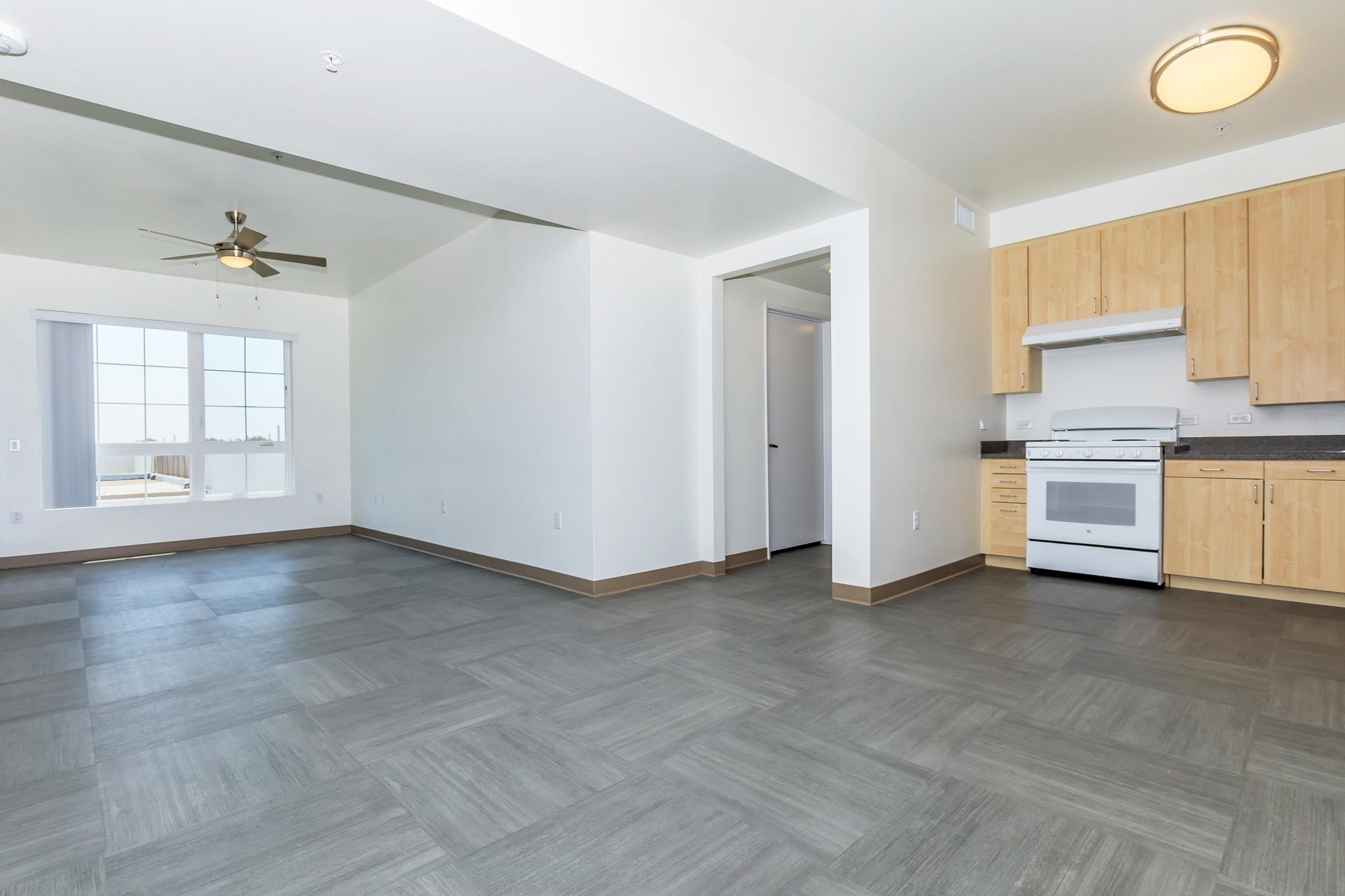 a kitchen with a wood floor