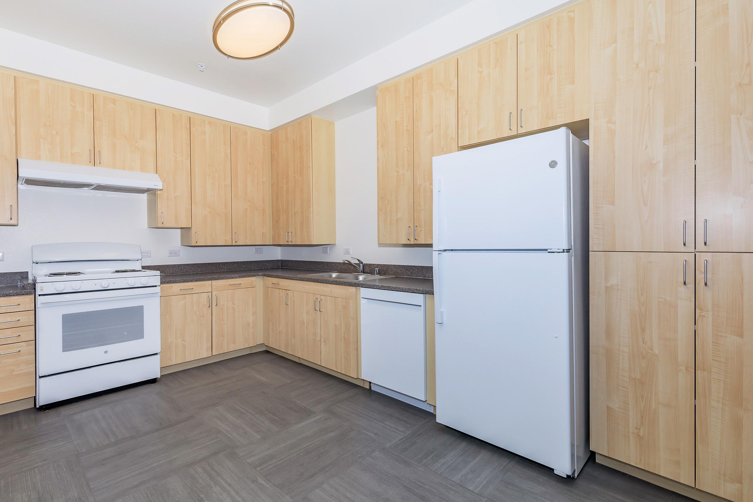 a kitchen with a stove and a refrigerator