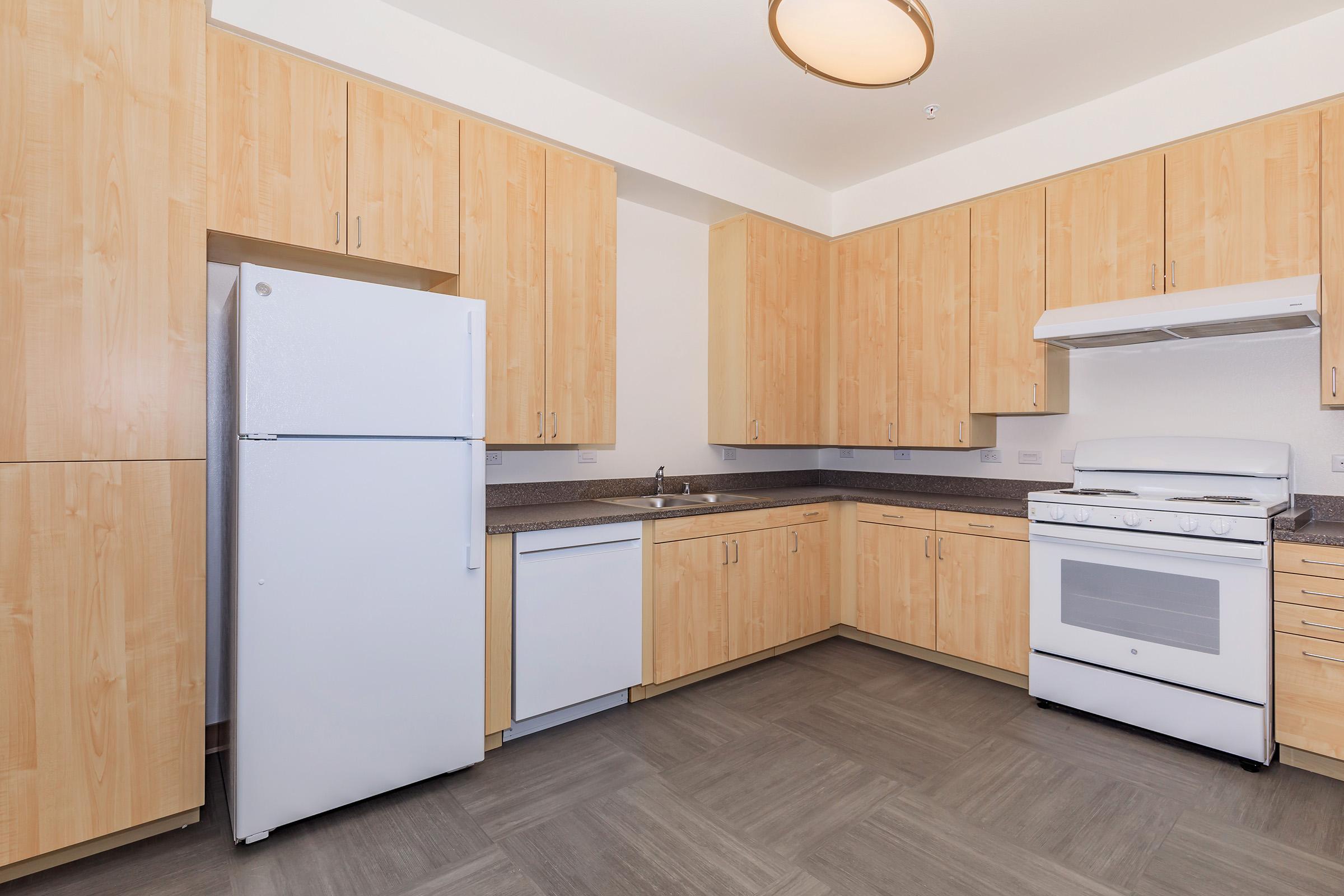 a kitchen with a stove and a refrigerator