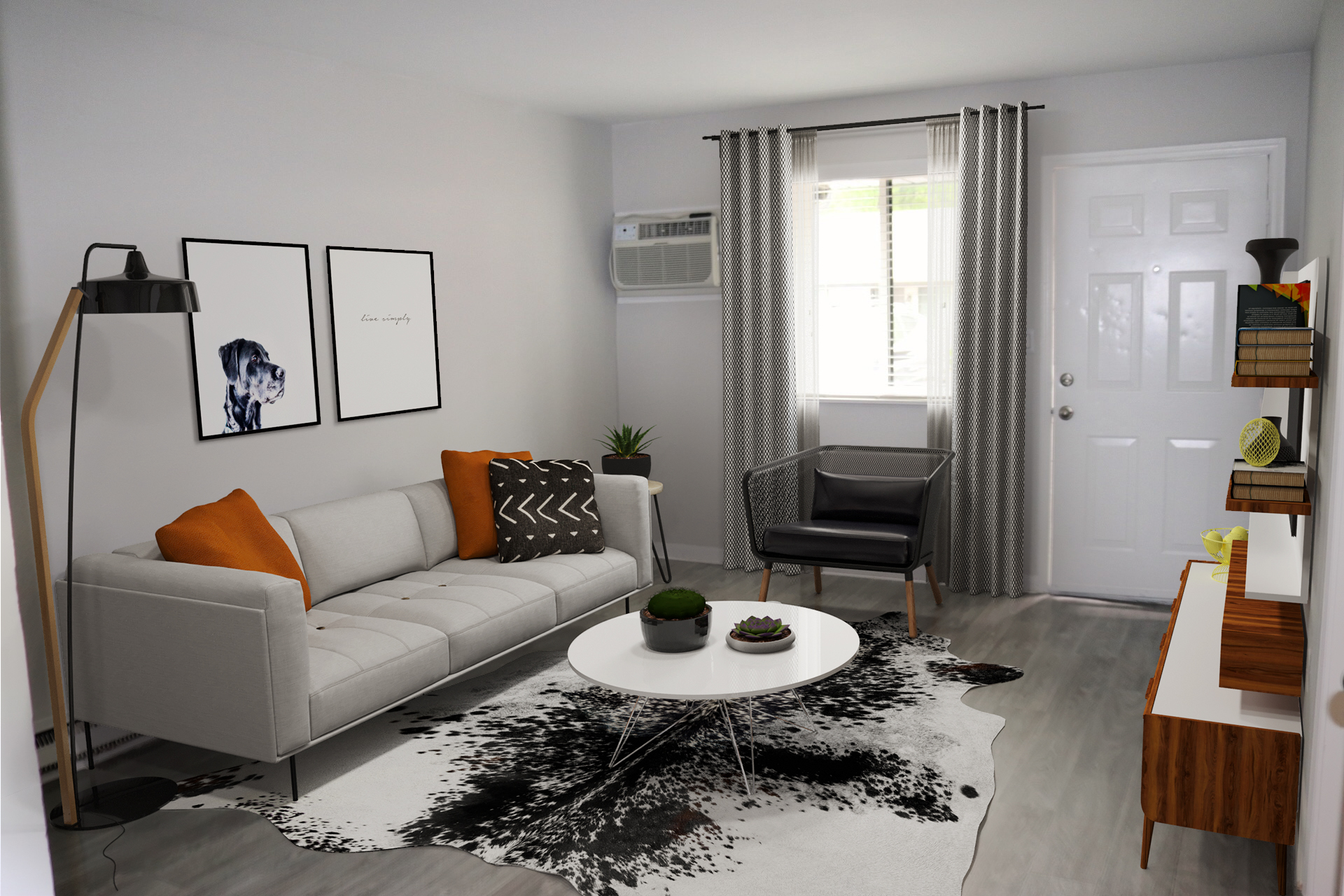 a bedroom with a bed and a chair in a room