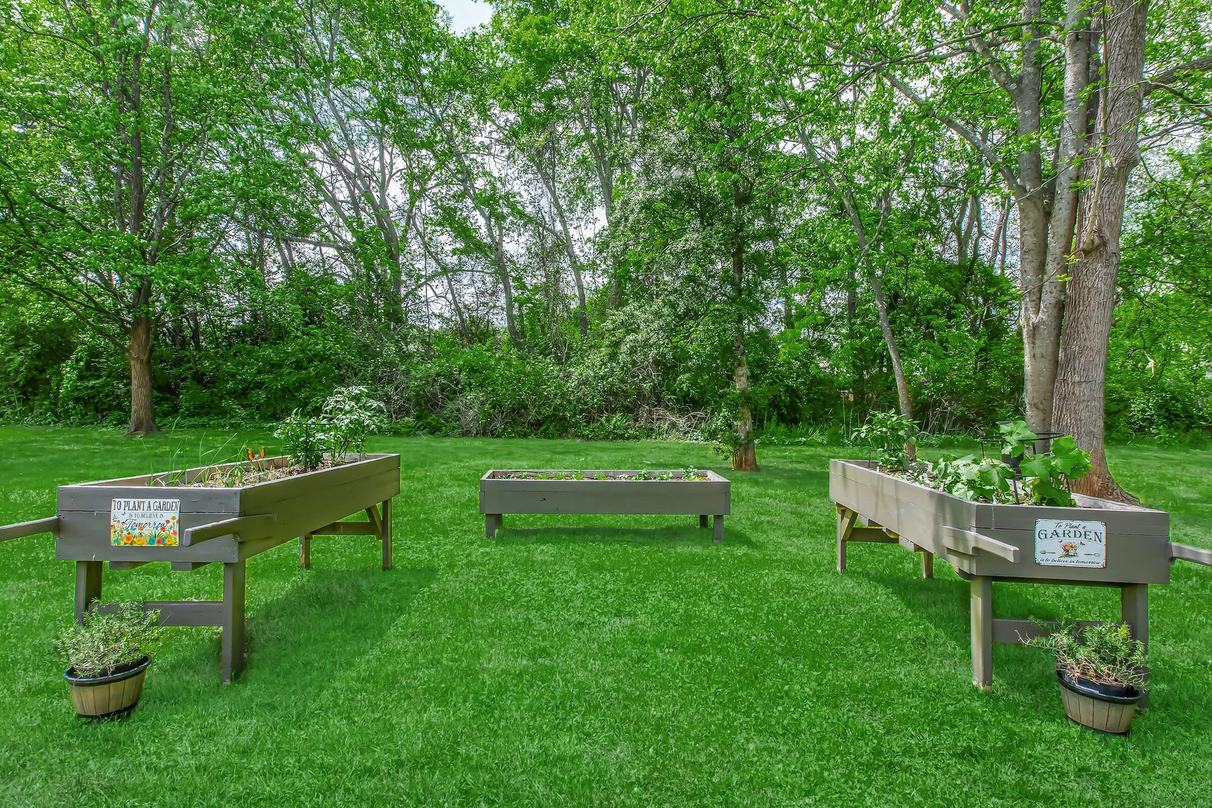 Three wooden raised garden beds in a lush green yard surrounded by trees. One bed is labeled "Pollinator Garden" and features various plants. The second bed is empty, while the third is labeled "Herb Garden" and contains a variety of herbs. Small potted plants sit on the ground near the beds.