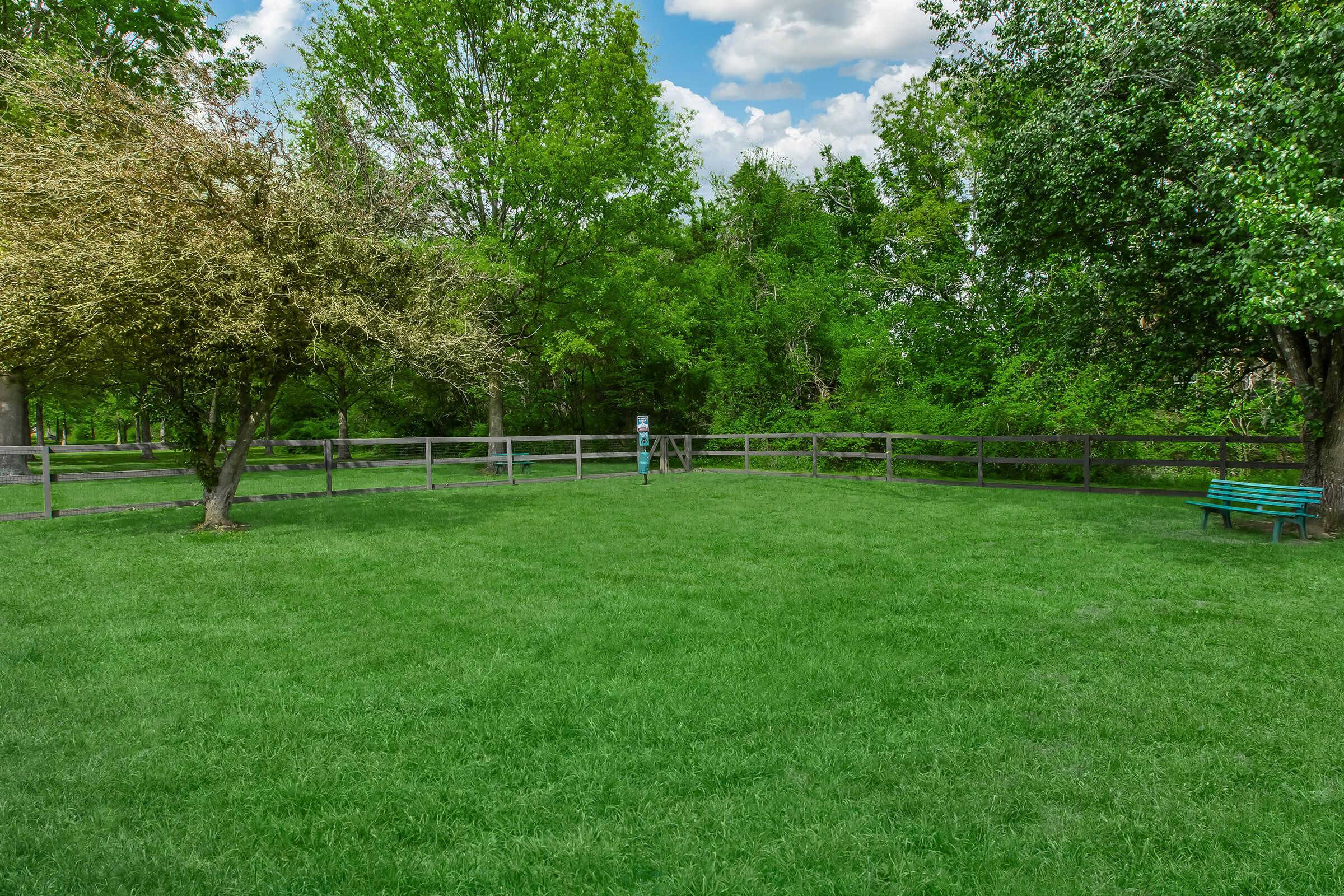 A serene park scene featuring lush green grass surrounded by trees. In the background, there is a wooden fence and a bench, with a person standing near the fence. The sky is partly cloudy, adding to the peaceful ambiance of the outdoor space.