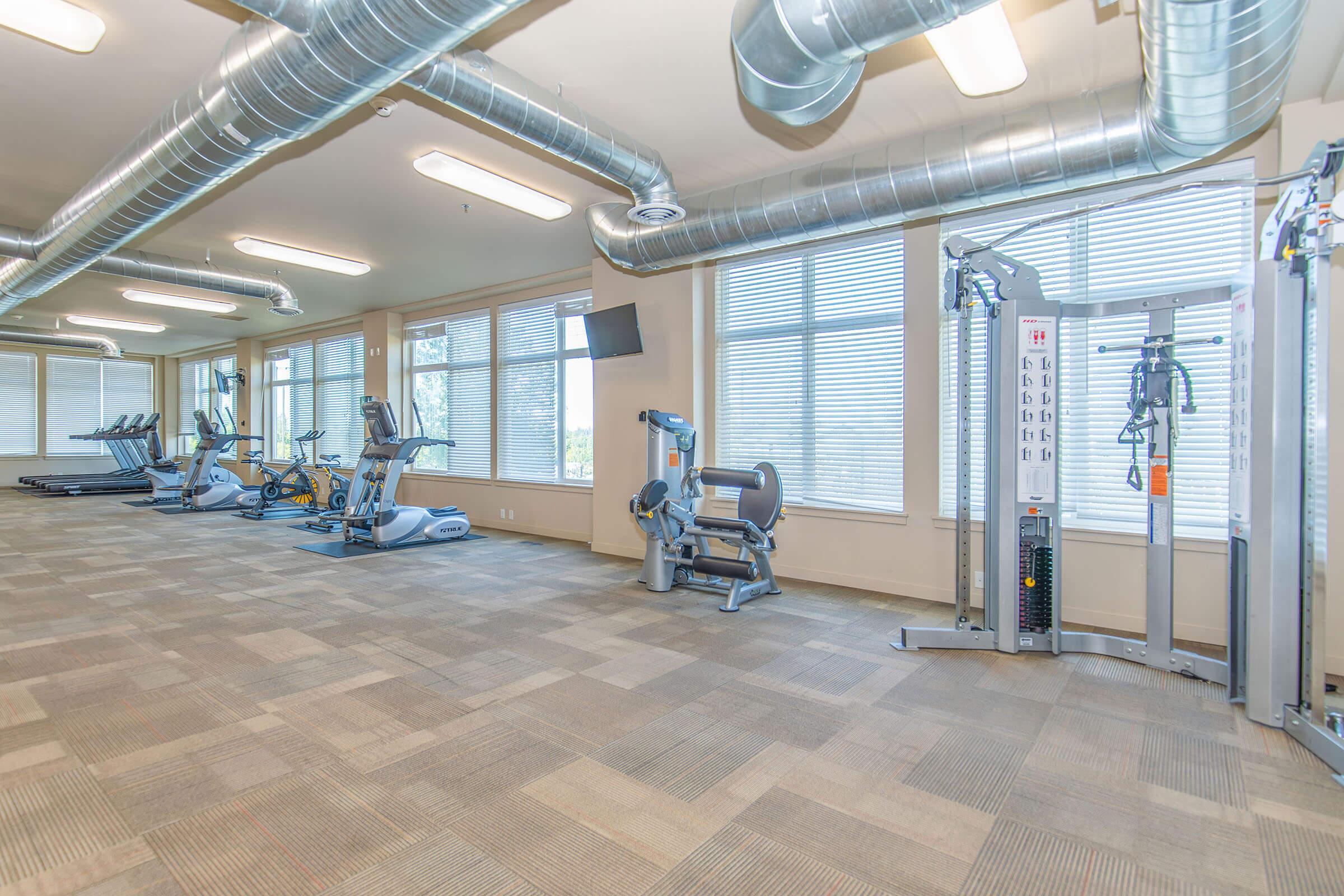 A spacious gym with multiple fitness machines, including treadmills, stationary bicycles, and a multi-gym station. Large windows allow natural light to fill the room, and there are visible ventilation ducts on the ceiling. The floor is covered with neutral-toned carpeting.