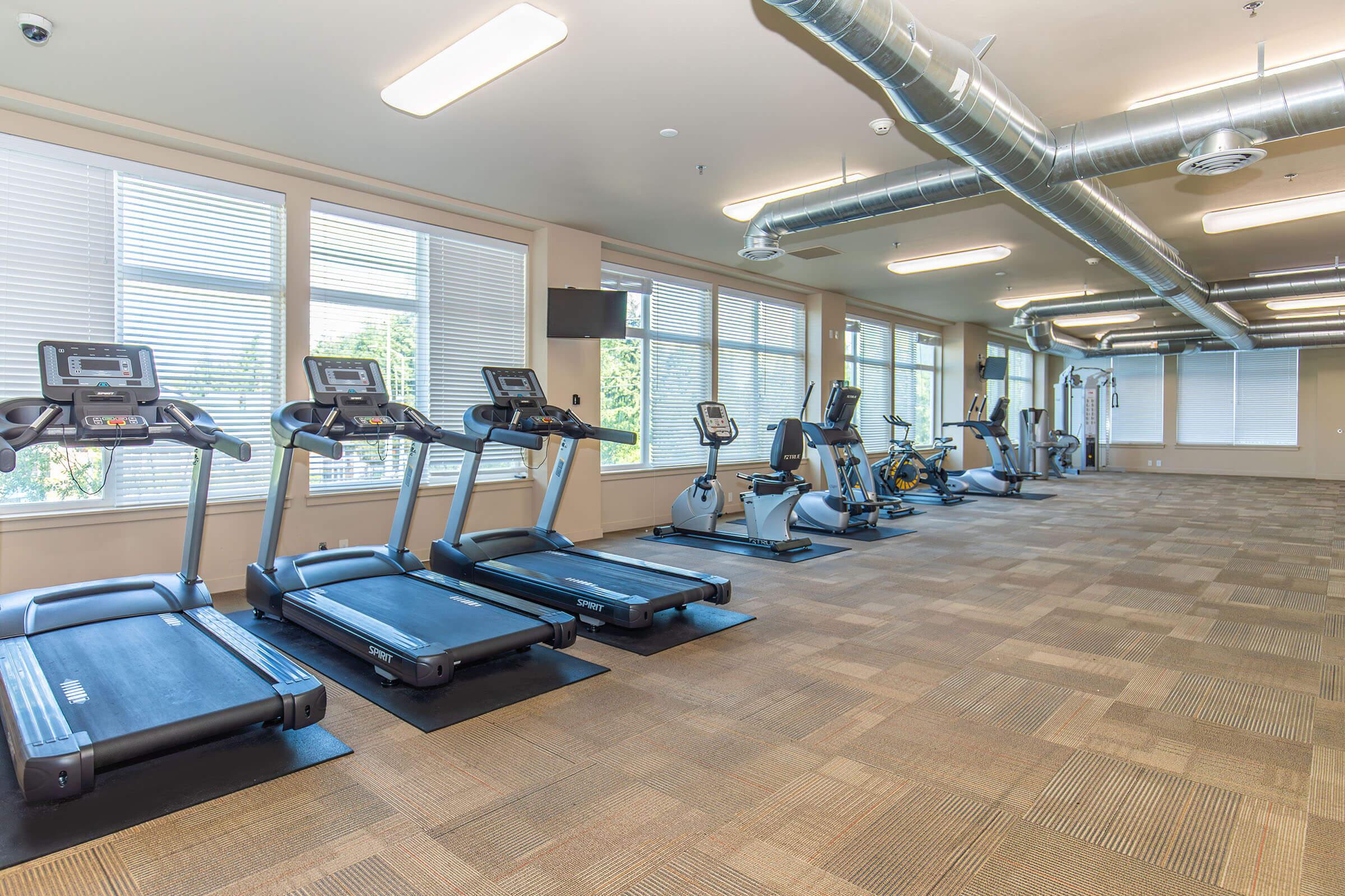 A spacious gym with several treadmills and exercise bikes arranged in a well-lit room featuring large windows. The flooring is carpeted, and there are metal ducts along the ceiling, contributing to a modern fitness environment.
