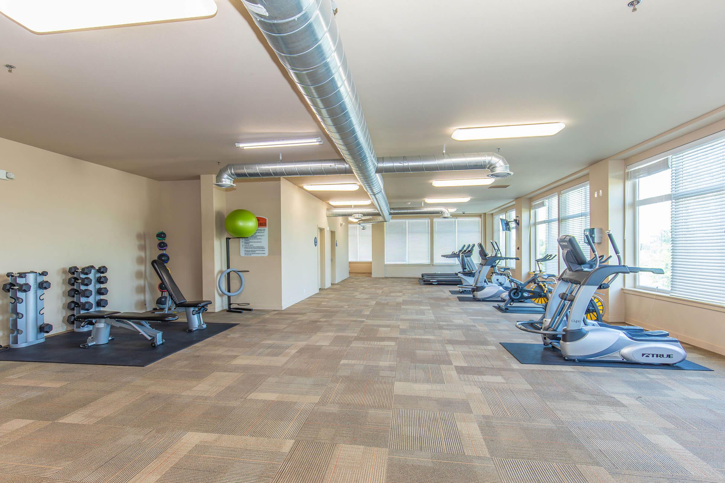 A spacious gym area featuring various exercise equipment, including a weight bench, free weights, ellipticals, and stationary bikes. Large windows allow natural light to flood the room, creating a bright and inviting atmosphere. The floor is covered in a textured tile, enhancing the fitness environment.