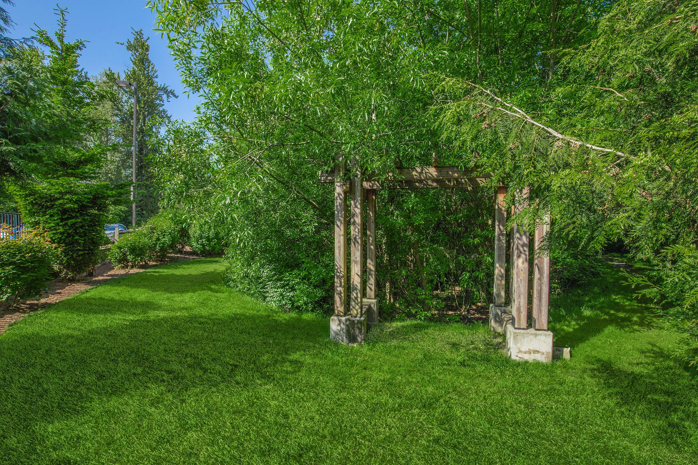 A lush green garden featuring vibrant grass, dense trees, and a wooden arbor partially obscured by foliage. The scene is bright and sunny, creating a peaceful outdoor environment.