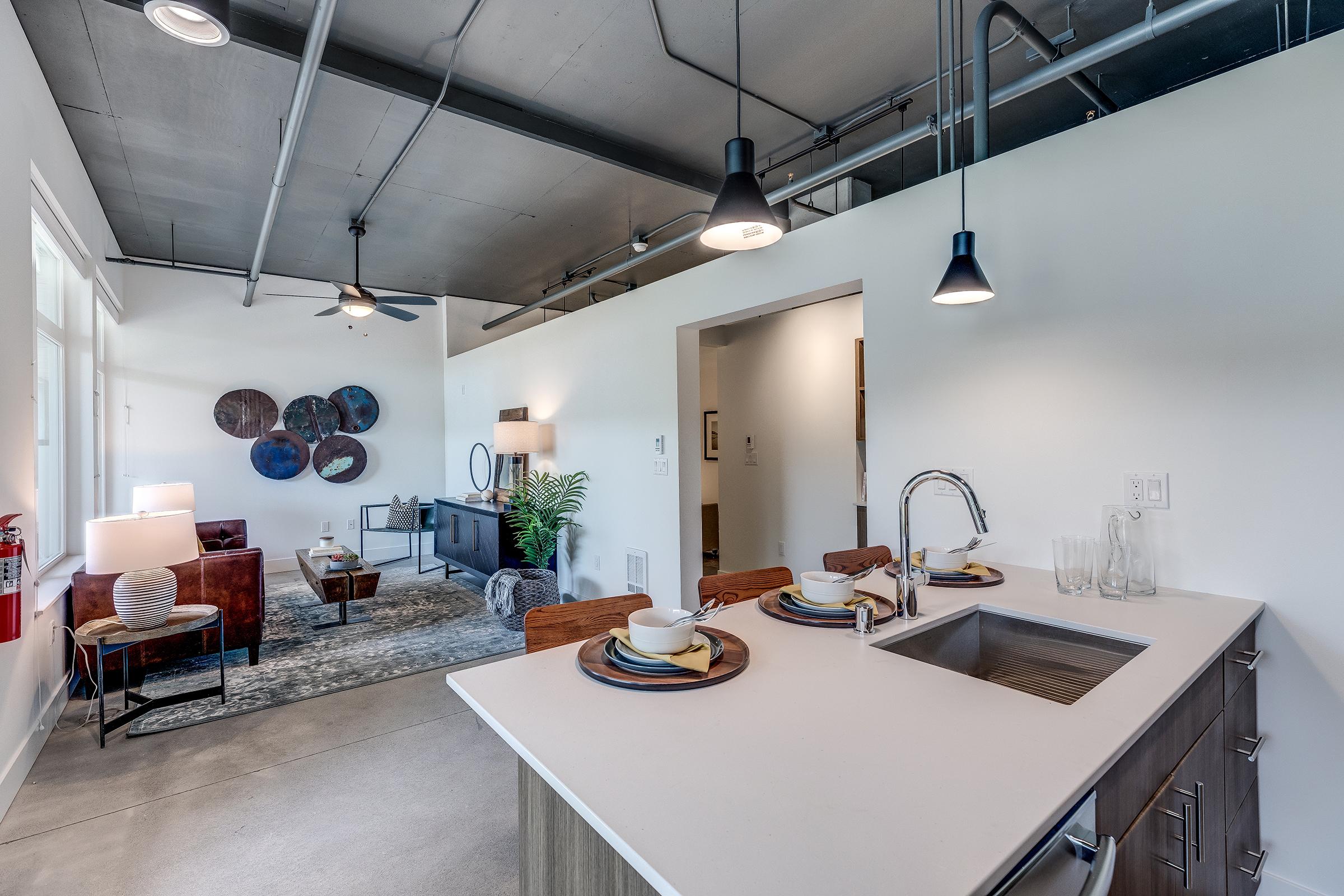 Modern interior of a spacious apartment featuring a kitchen with a sleek countertop and stainless steel sink. The living area includes stylish furniture, decorative wall art, and contemporary lighting, creating a warm and inviting ambiance.