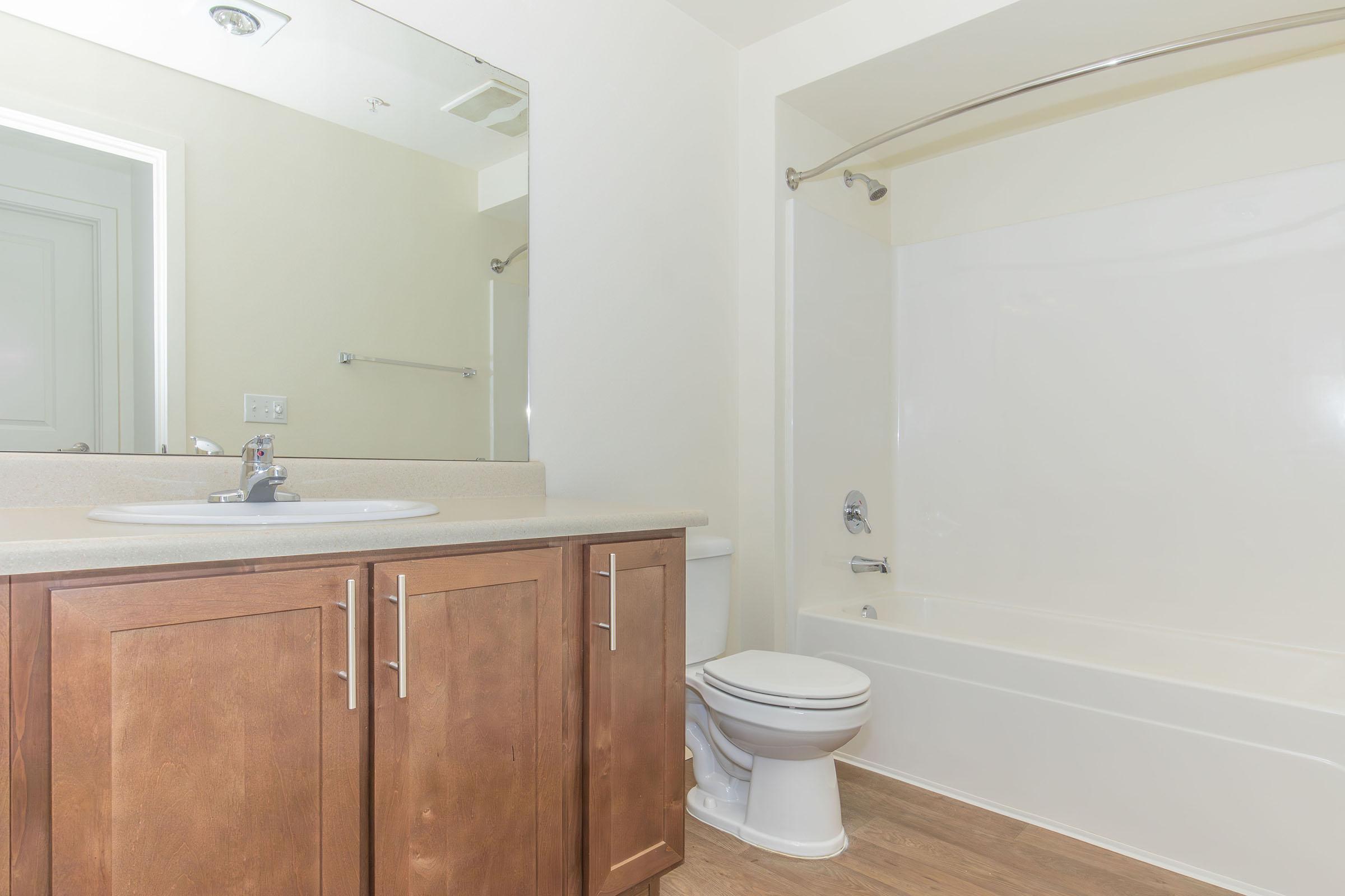 A clean, modern bathroom featuring a beige countertop with a sink, a mirror above, a white bathtub with a shower rod, and a toilet. The walls are light-colored, and the flooring is wooden, creating a bright and spacious atmosphere.