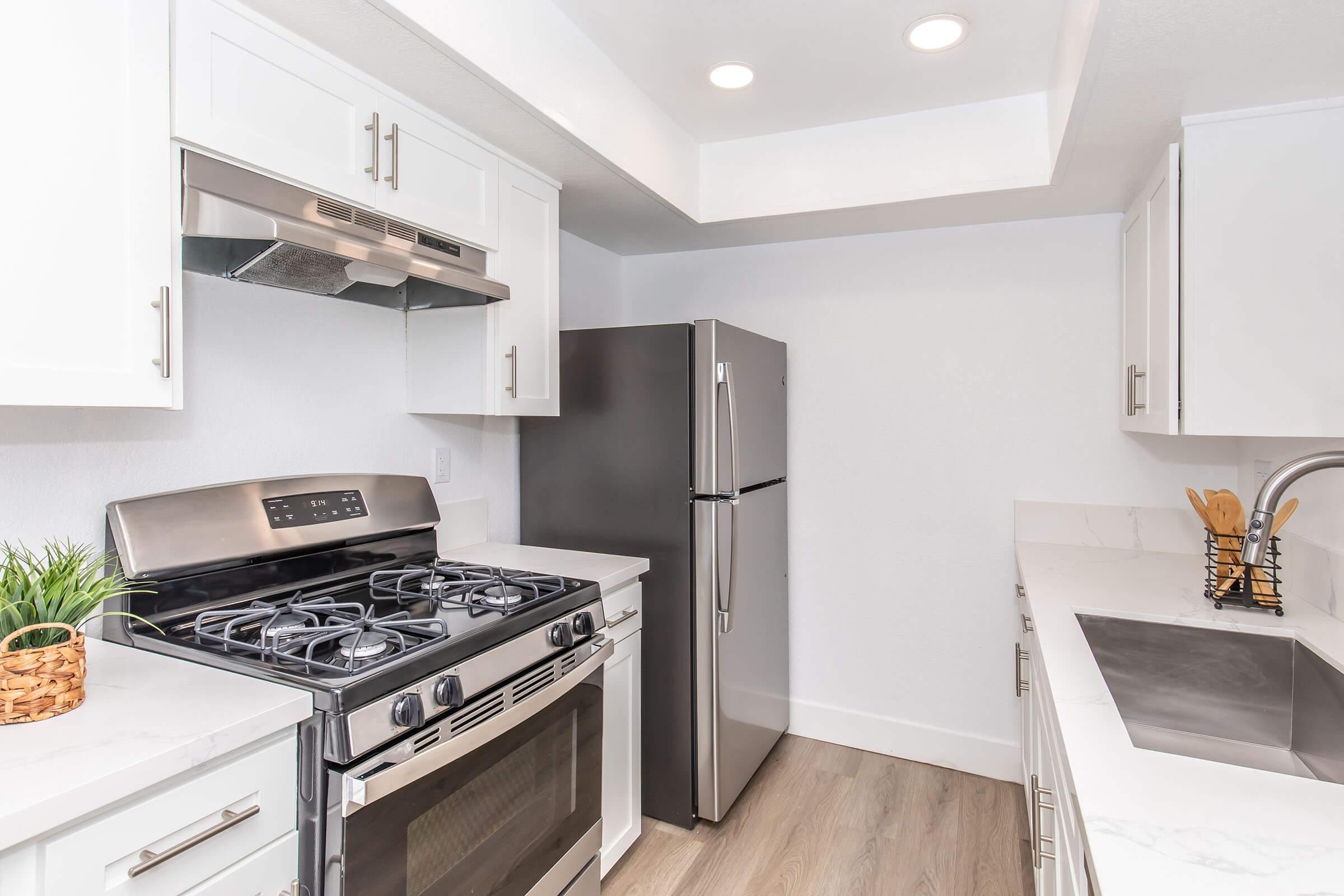 Modern kitchen featuring stainless steel appliances, including a gas stove and a refrigerator. The design includes white cabinetry, a large sink, and a sleek countertop. Natural light illuminates the space, which has a light-colored floor and minimalistic decor. A small plant adds a touch of greenery.