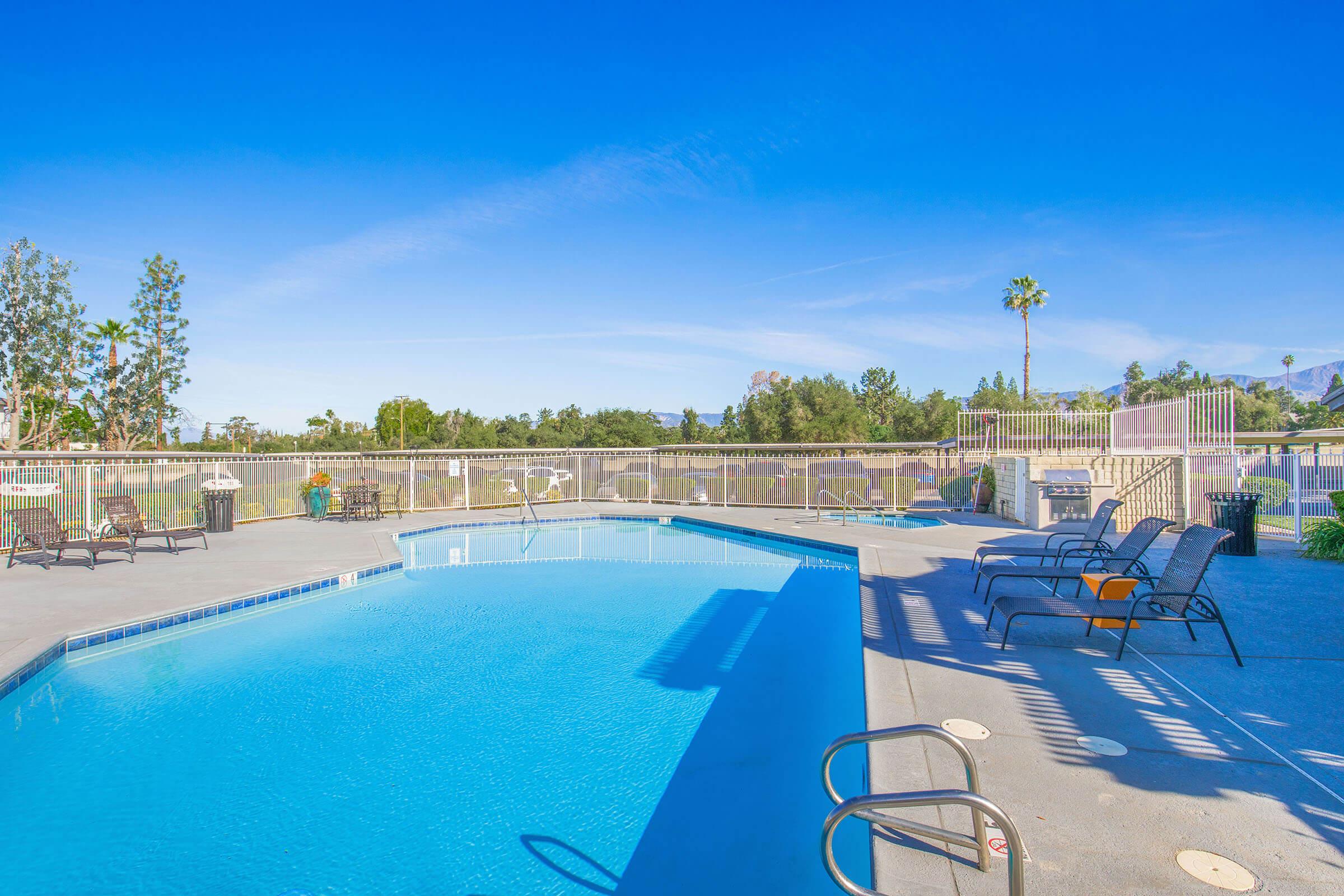 A clear blue swimming pool surrounded by lounge chairs and a fence, with palm trees and green landscaping in the background. The sky is bright and sunny, indicating a warm day.