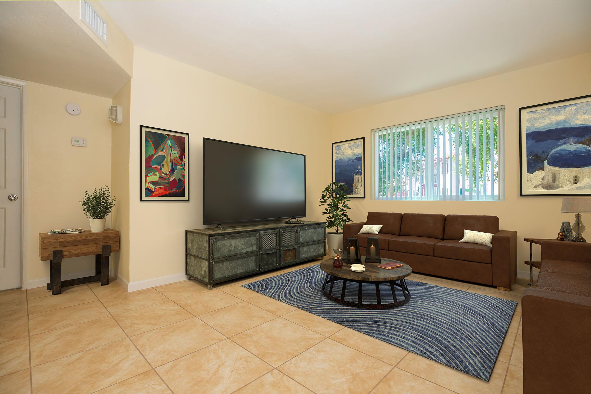 a living room with a large mirror