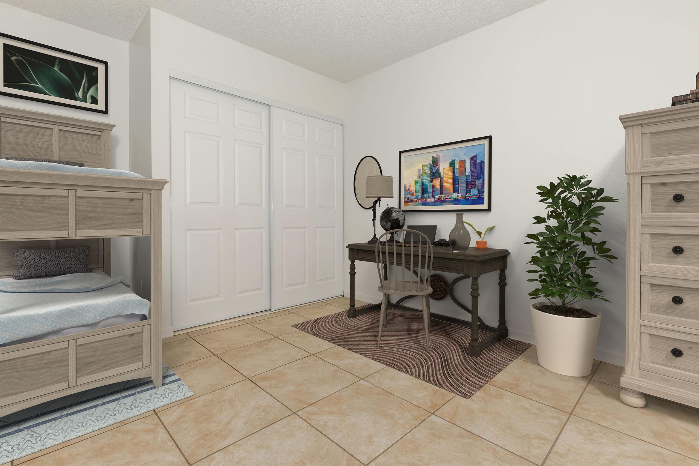 A cozy room featuring a bunk bed with gray frames, a small desk with a chair, and a modern painting of a cityscape on the wall. A potted plant adds a touch of greenery, and tile flooring completes the space. Closet doors are visible in the background, and the overall aesthetic is calm and inviting.