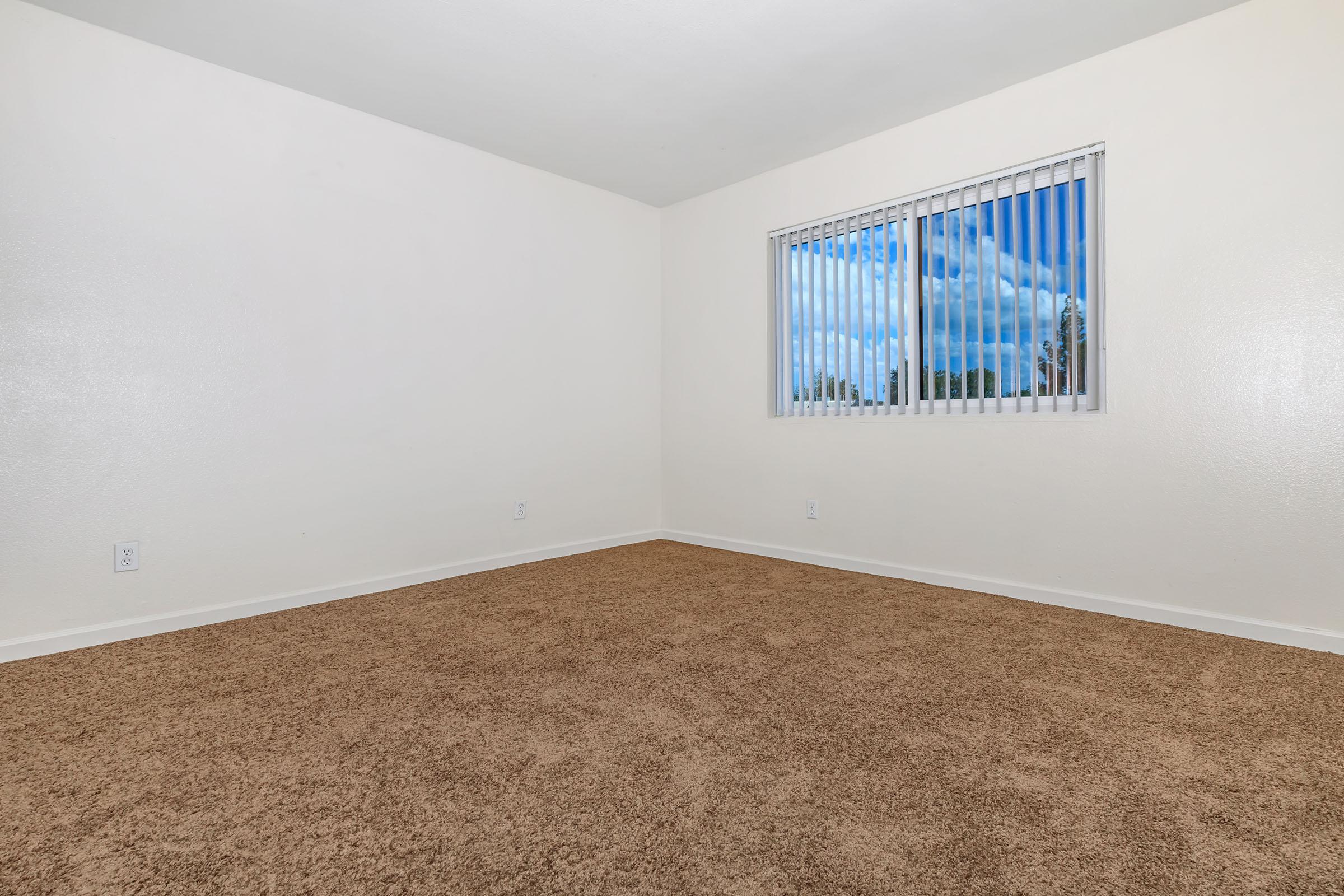 An empty room with beige carpet and light-colored walls. A window with vertical blinds allows natural light to enter, showing a blue sky with clouds outside. The space appears clean and inviting, suitable for various purposes.