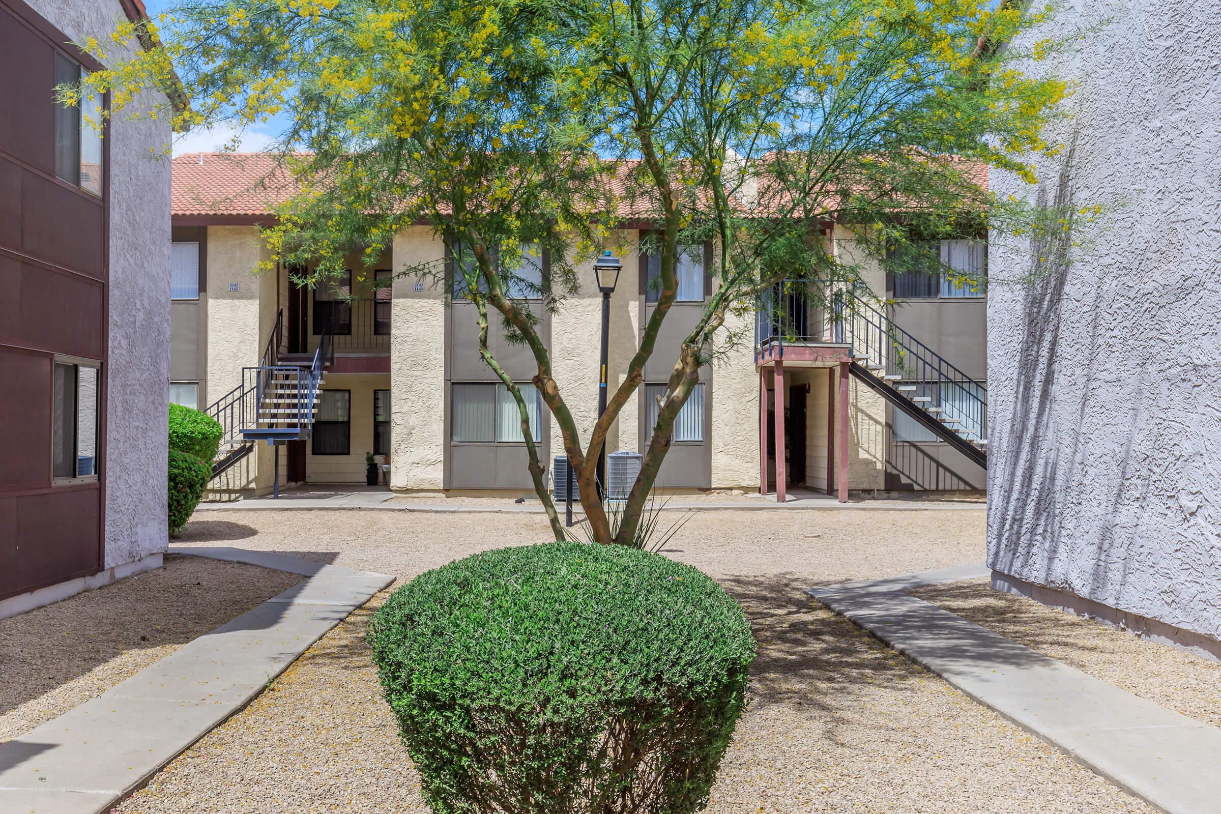 A view of an apartment complex courtyard featuring low shrubbery, a small tree, and two buildings with balconies. Sidewalks lead through the gravel area, connecting the entrances of the buildings under a bright blue sky.