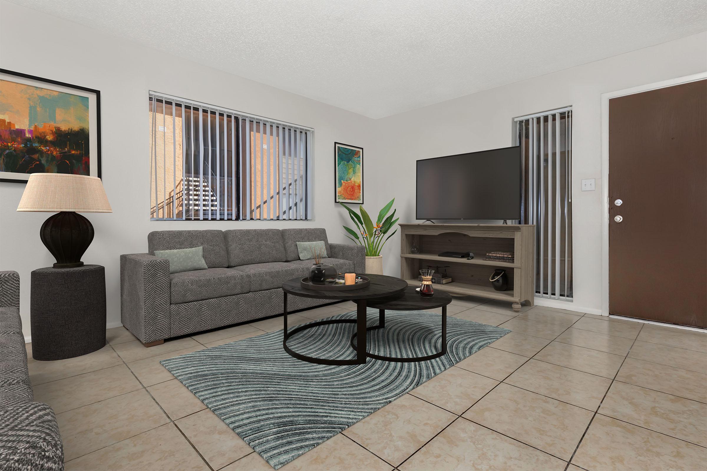 A cozy living room featuring a gray sofa and matching armchair, a round coffee table on a patterned rug, and a flat-screen TV on a wooden stand. Large windows with blinds allow natural light in, and a decorative lamp and potted plant add warmth to the space. The walls have artwork and the entrance door is seen.