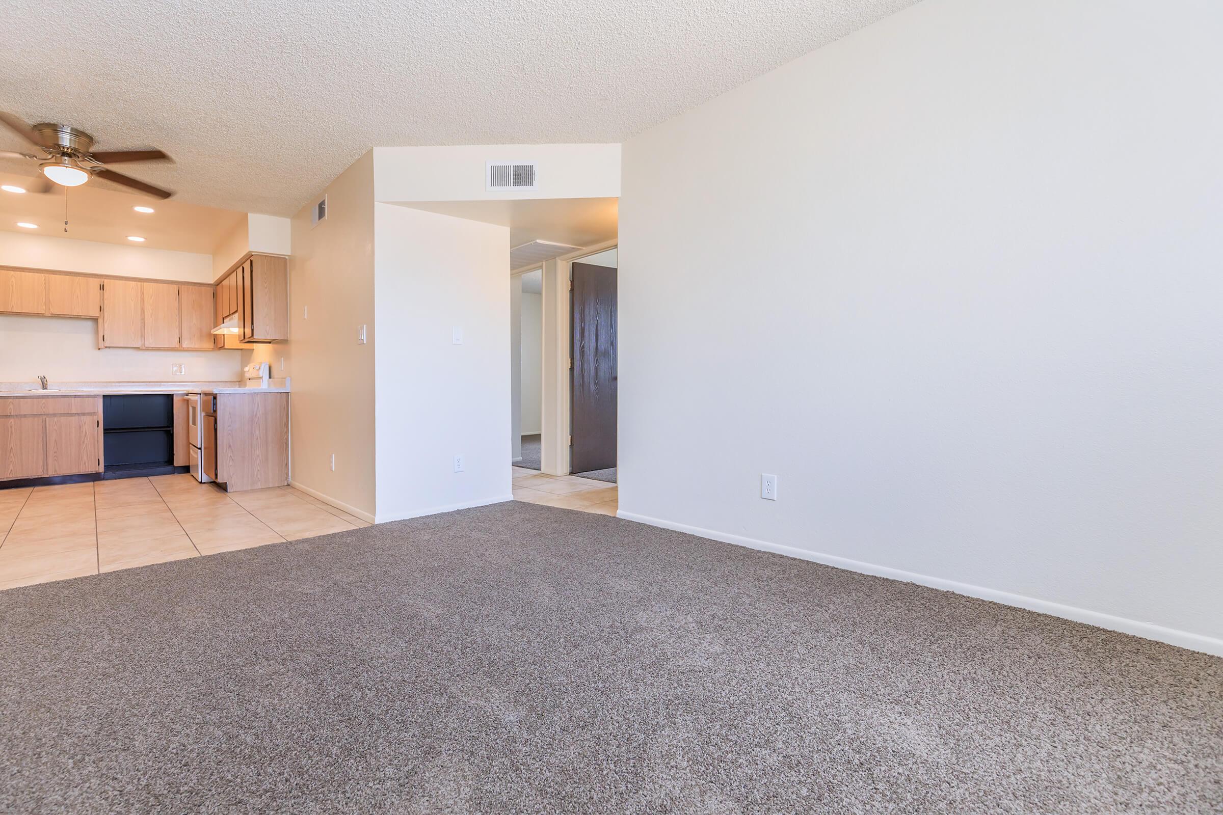A spacious apartment interior featuring a living area with plush carpet, a ceiling fan, and a doorway leading to an adjacent kitchen equipped with wooden cabinets. The kitchen has tile flooring and is partially visible in the background, while natural light brightens the neutral-colored walls.
