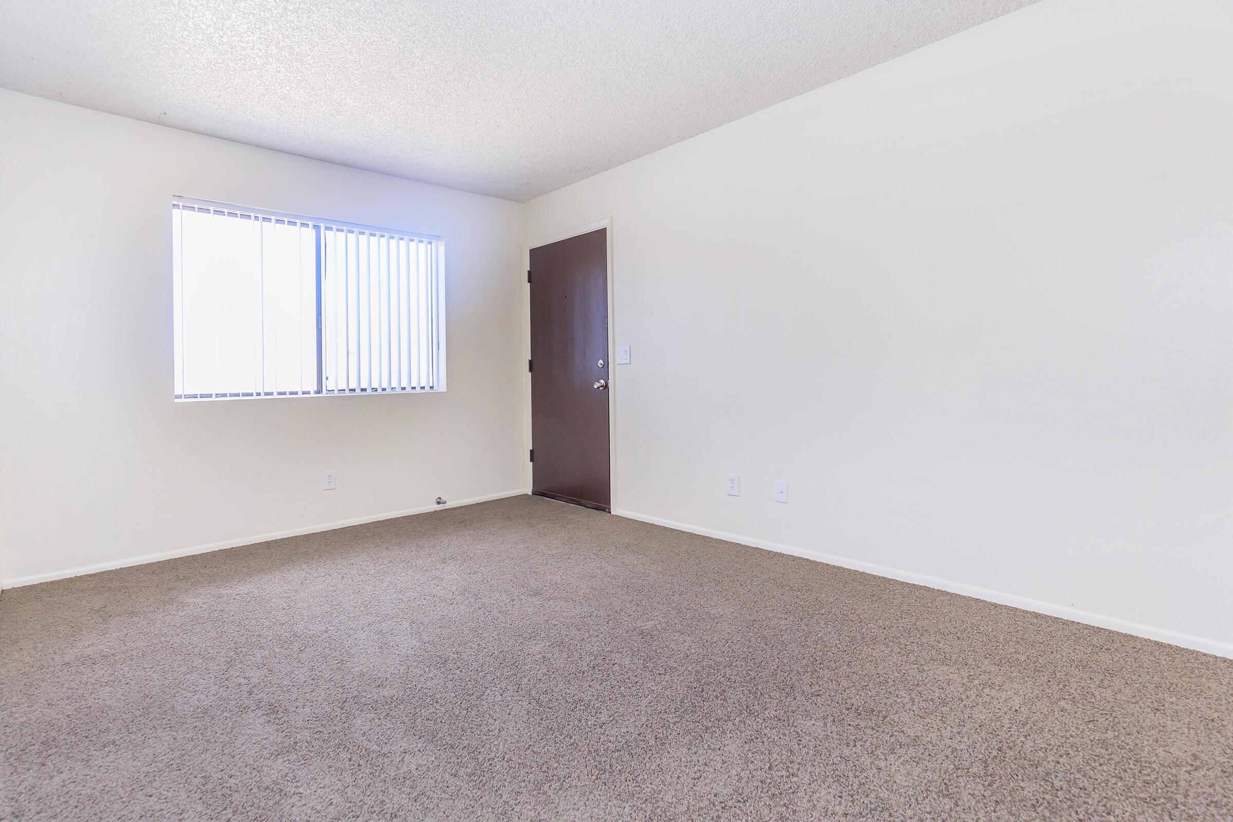 A vacant room with beige carpet, a single window with blinds, and a brown door. The walls are light-colored, creating a spacious and neutral atmosphere, ideal for potential decoration or furniture placement.
