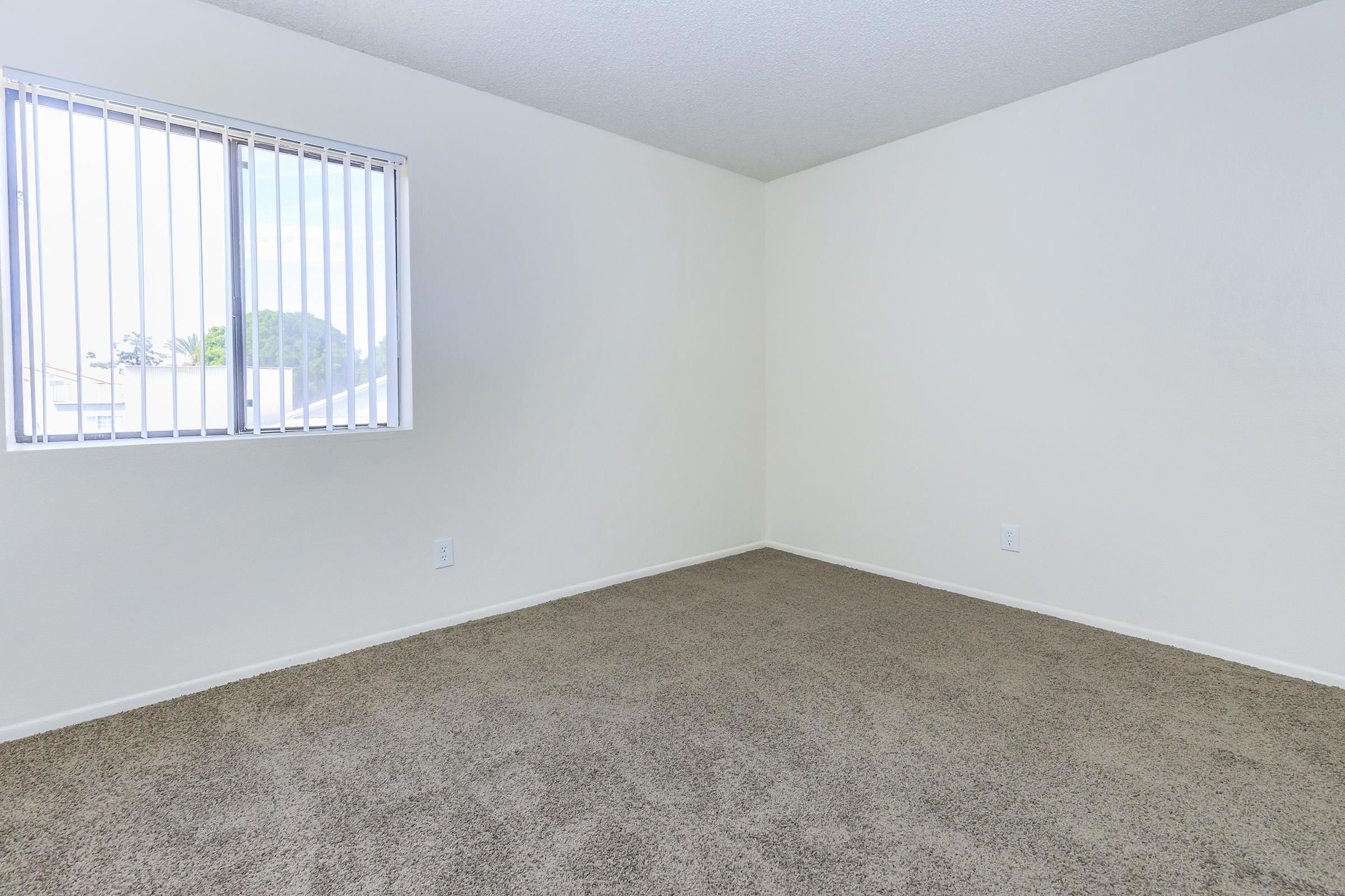 Empty room with light-colored walls and beige carpet. A window with vertical blinds allows natural light to enter, illuminating the space. The room appears spacious and uncluttered, suitable for various uses such as a living area or bedroom.