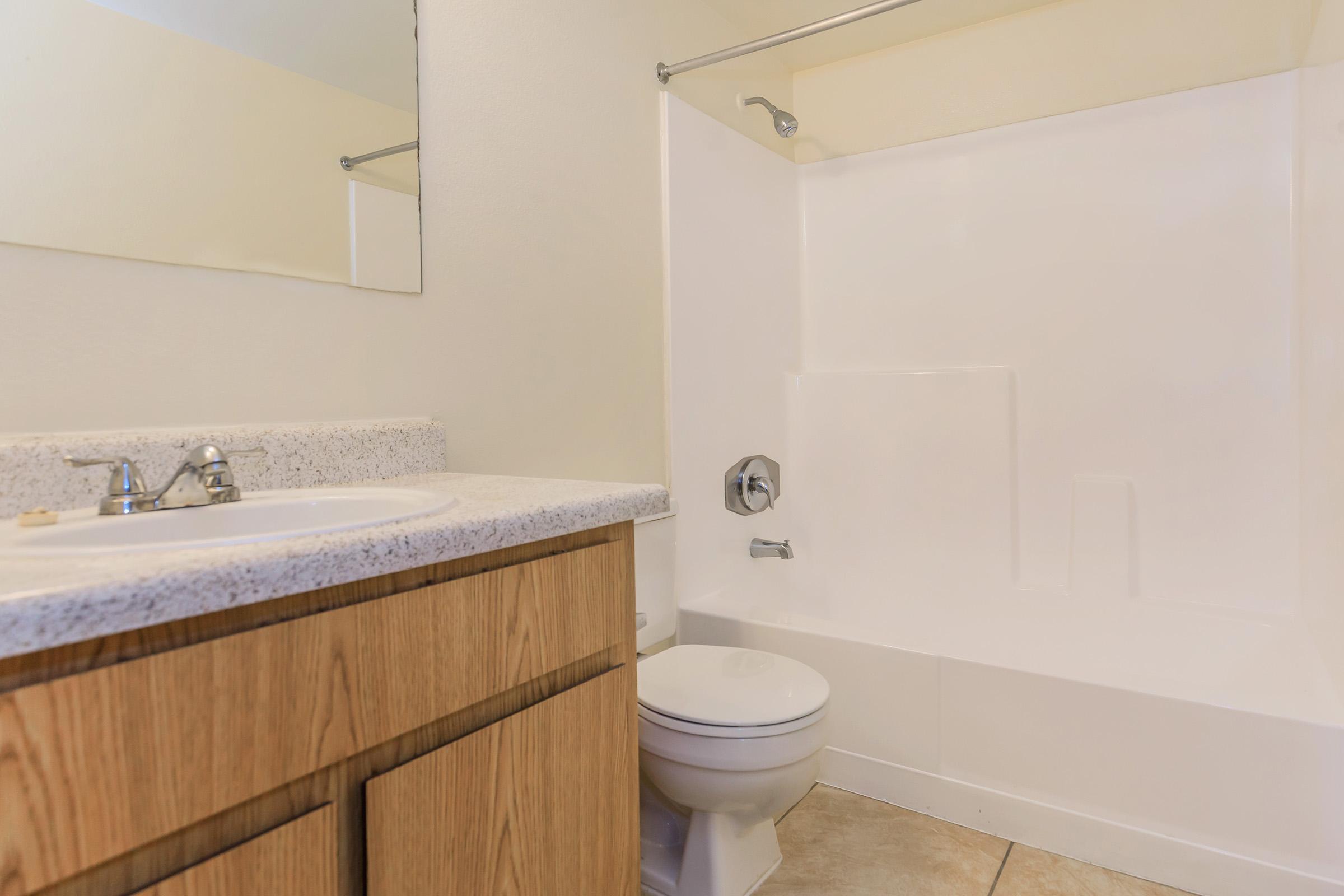 A clean bathroom featuring a white bathtub and shower, a modern toilet, and a sink with a granite countertop. The walls are painted a light color, and there is a mirror above the sink. The floor is tiled, creating a simple yet functional space.