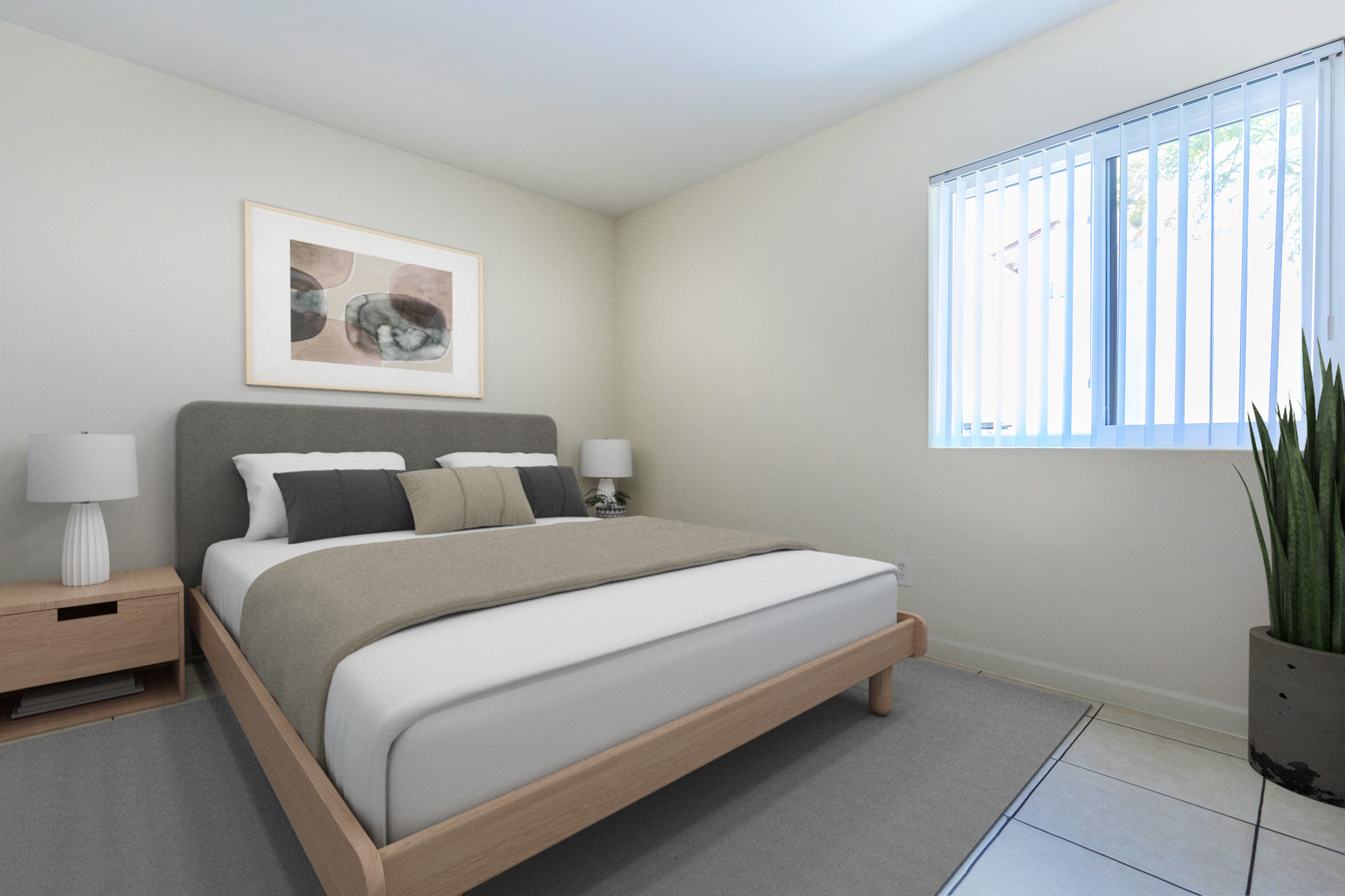 A modern, minimalistic bedroom featuring a light-colored wall, a large bed with a gray upholstered headboard, neutral bedding, and decorative pillows. There are two bedside lamps on wooden nightstands, a window with vertical blinds, and a potted plant in the corner, creating a bright and inviting atmosphere.