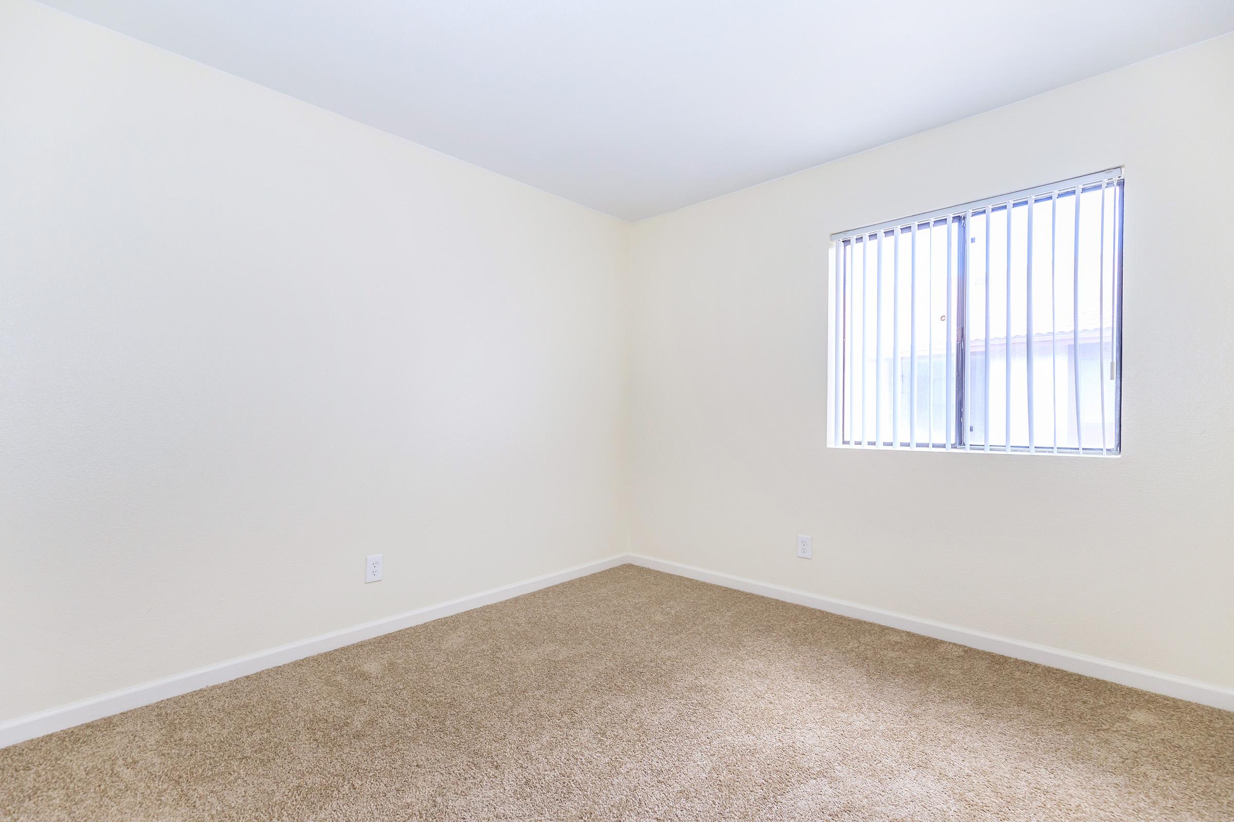 A spacious, empty room with light beige walls and plush beige carpet. A window with vertical blinds allows natural light to enter. The room has a clean and minimalistic appearance, ideal for personalization or decoration.