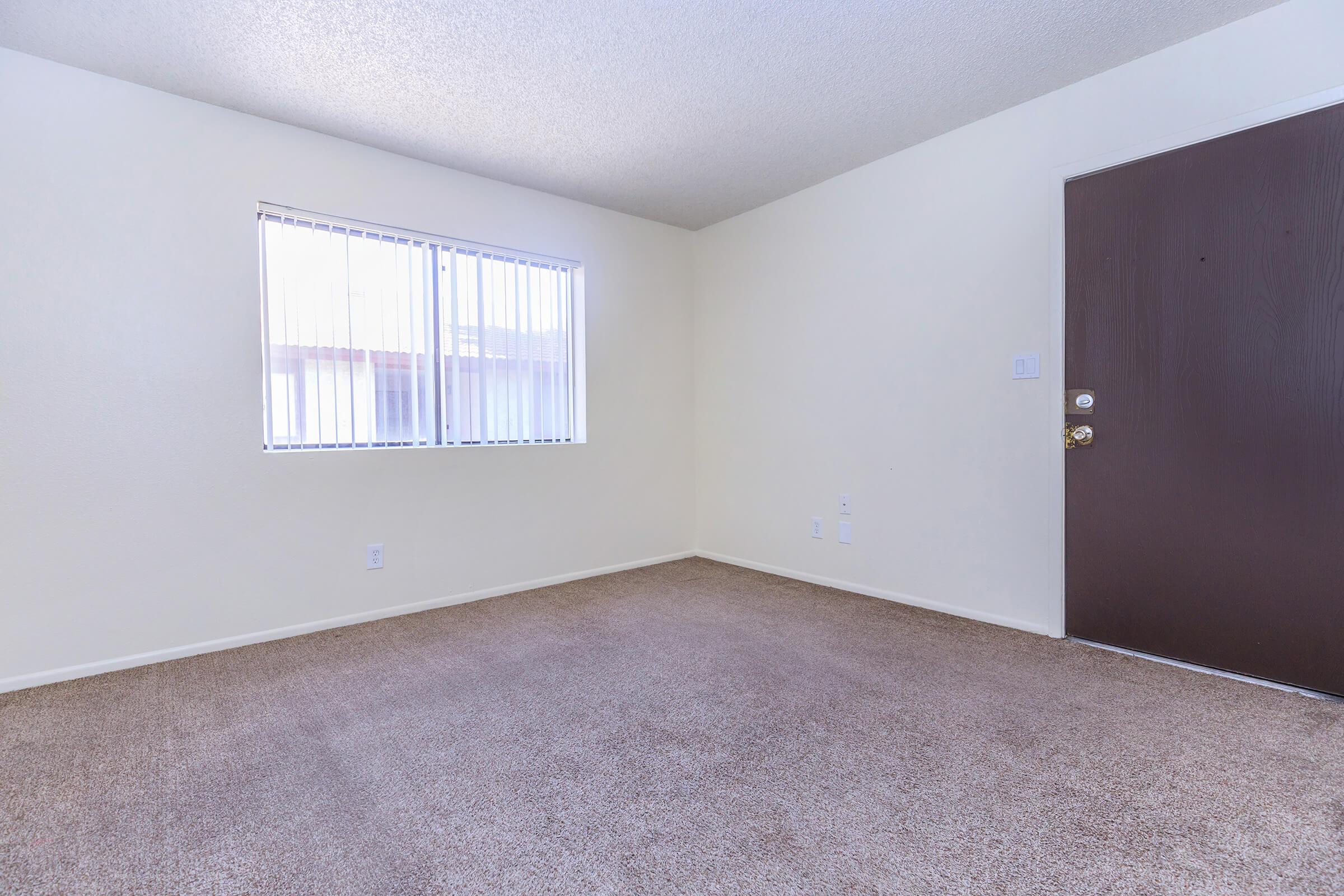 Empty room with beige carpet and light-colored walls. A single window with white blinds lets in natural light, and a dark brown door is visible on the right. The space has no furniture or decorations, creating a clean and minimalistic atmosphere.