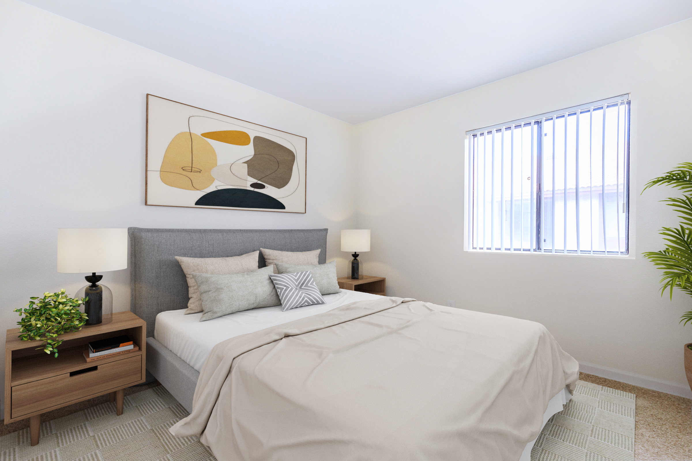 A cozy, modern bedroom featuring a gray upholstered bed with decorative pillows, two wooden nightstands with lamps, and a green potted plant. The walls are light-colored, and a large window with vertical blinds allows natural light to enter. An abstract art piece hangs above the bed, adding a stylish touch.