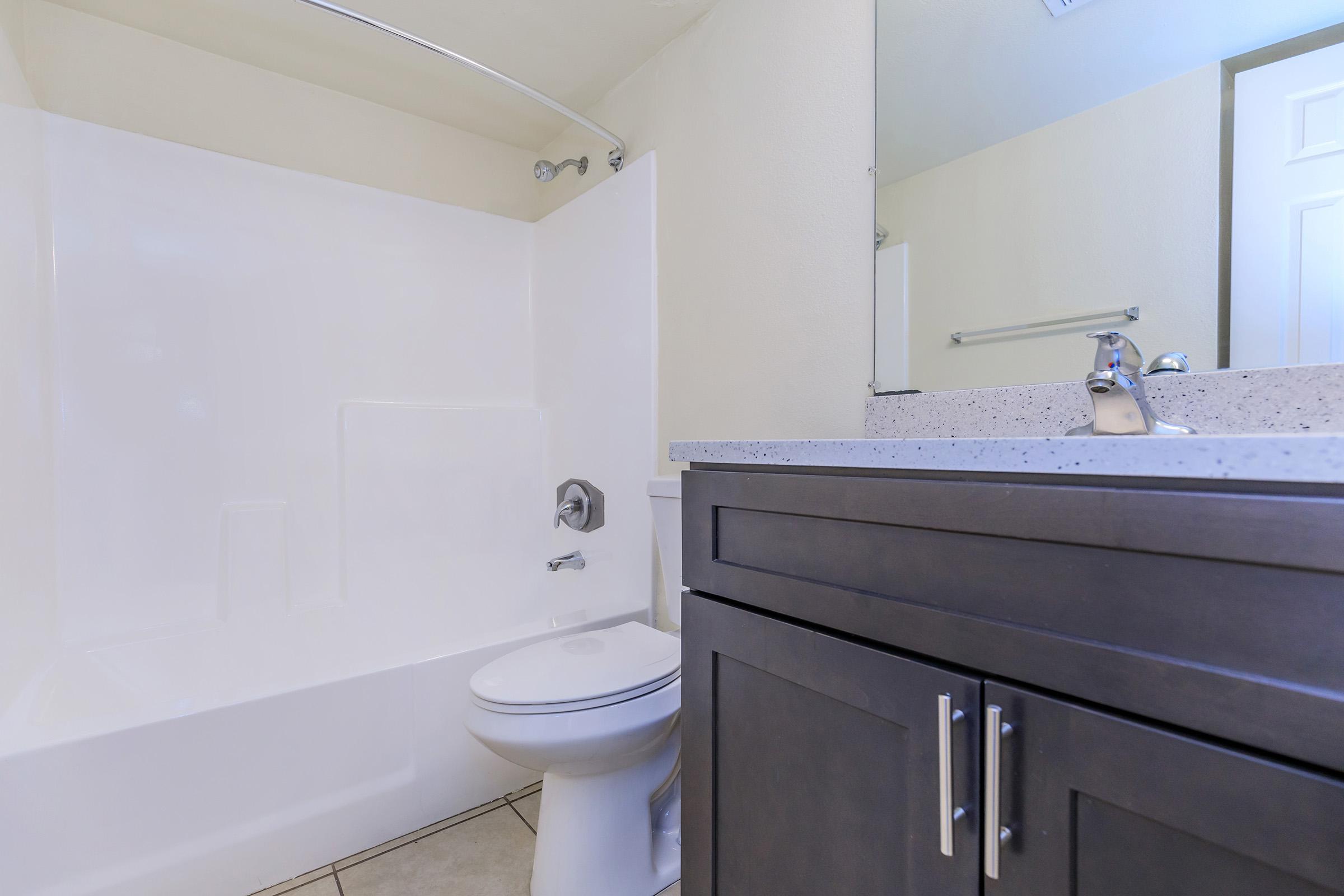 A clean, modern bathroom featuring a white bathtub and shower combination, a sleek dark vanity with a countertop, and a toilet. The walls are light-colored and the floor is tiled. A mirror is mounted above the vanity, enhancing the spacious feel of the room.