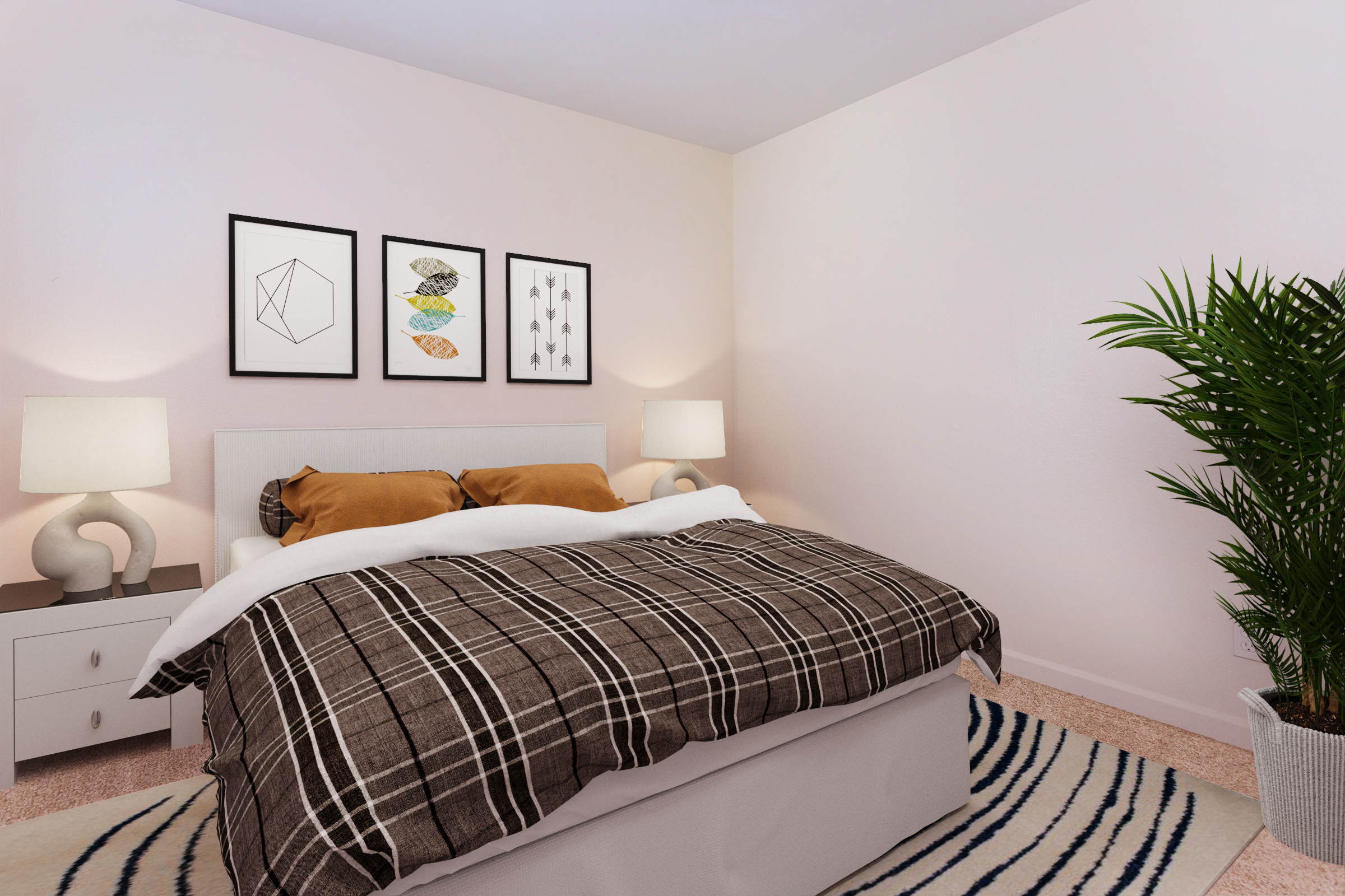 A cozy bedroom featuring a neatly made bed with a brown and white checked blanket, two decorative pillows, and hanging artwork on the wall. There are two bedside lamps on nightstands, a plant in the corner, and a striped area rug on the floor, creating a warm and inviting atmosphere.