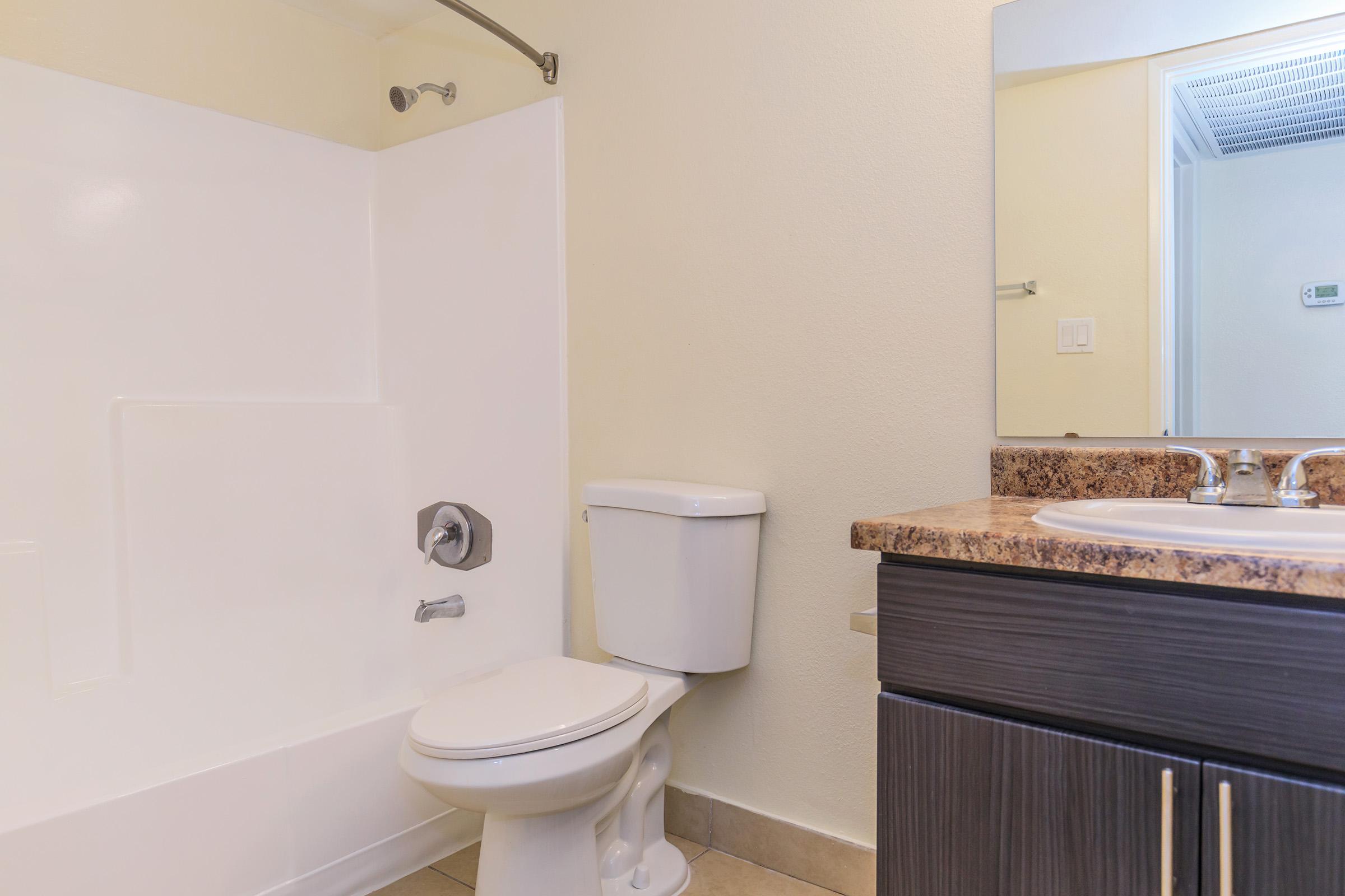 A clean and modern bathroom featuring a white bathtub, toilet, and a dark wood vanity with a granite countertop. A large mirror is mounted above the sink, and neutral-colored walls create a bright and airy atmosphere. The flooring is tiled, adding to the contemporary design.
